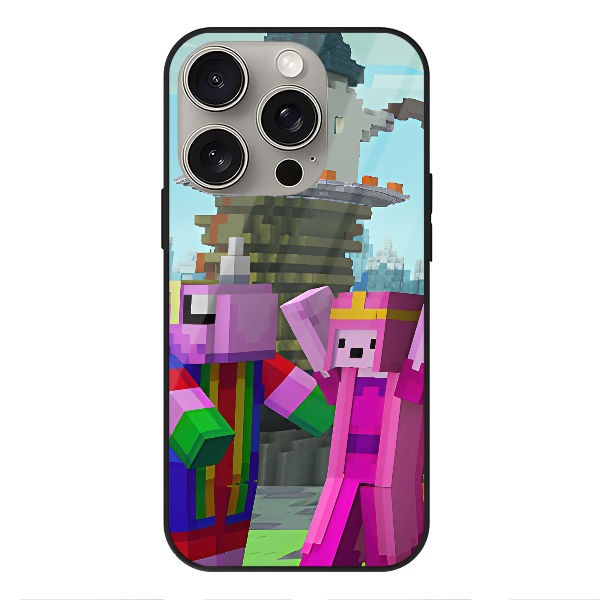 （画像用） マインクラフト ブロックの世界 Minecraft MC Block world 【iPhone15Pro対応】スマホケース 耐衝撃＆黄変防止 背面ガラス
