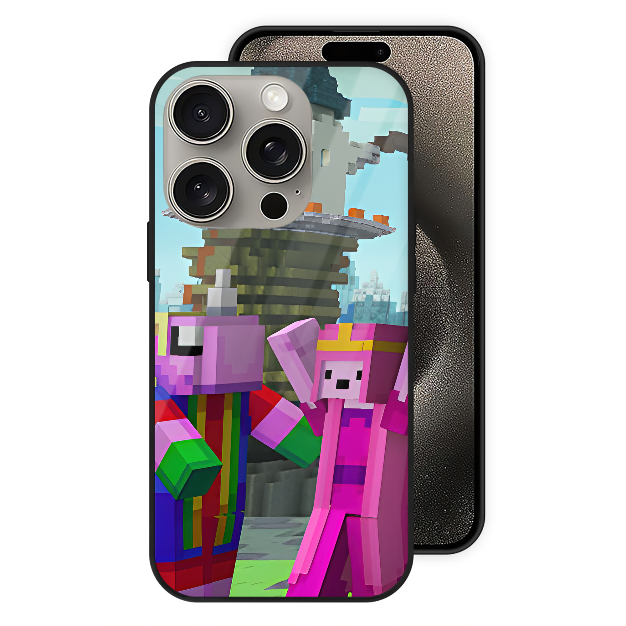 （画像用） マインクラフト ブロックの世界 Minecraft MC Block world 【iPhone15Pro対応】スマホケース 耐衝撃＆黄変防止 背面ガラス