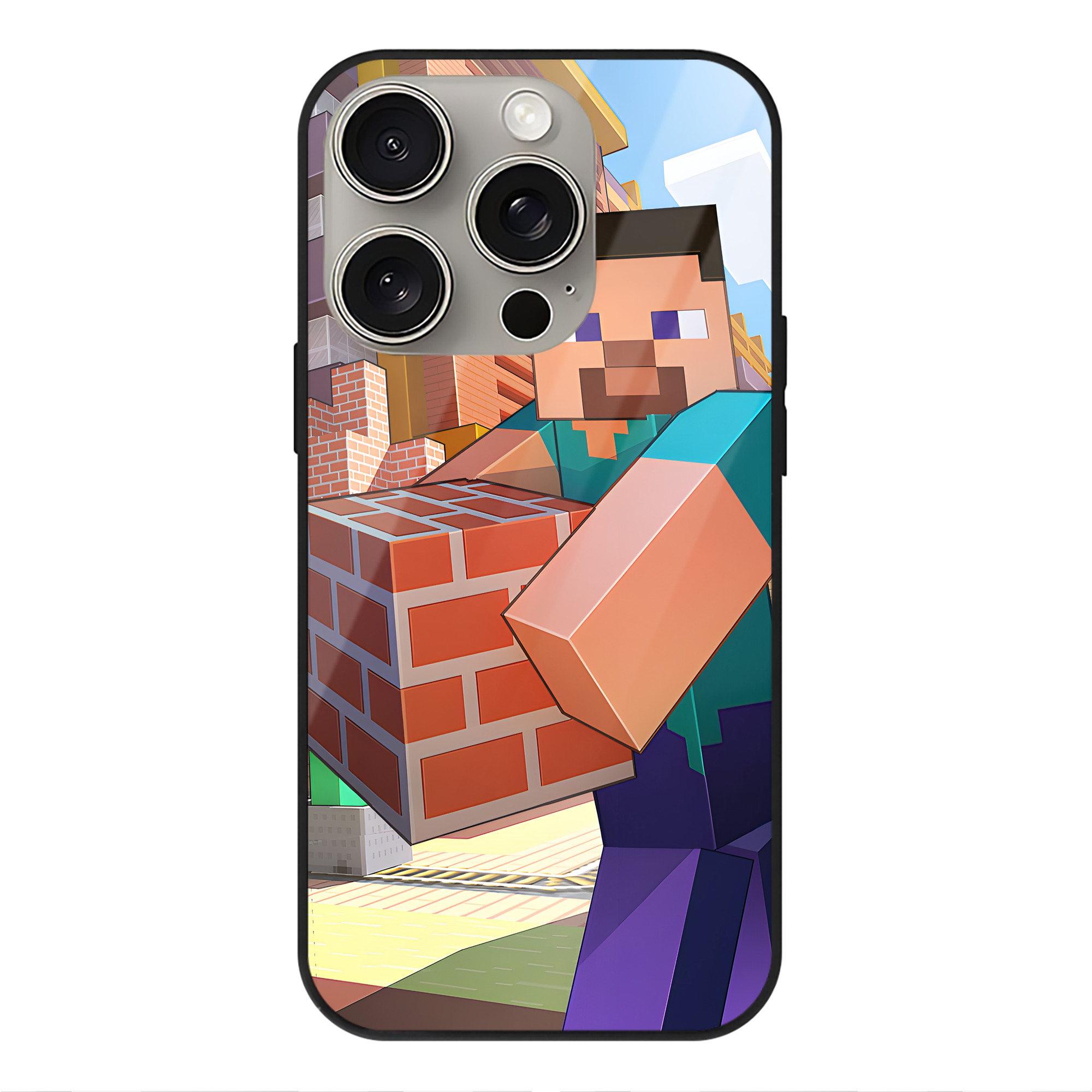 （画像用） マインクラフト ブロックの世界 Minecraft MC Block world 【iPhone15Pro対応】スマホケース 耐衝撃＆黄変防止 背面ガラス