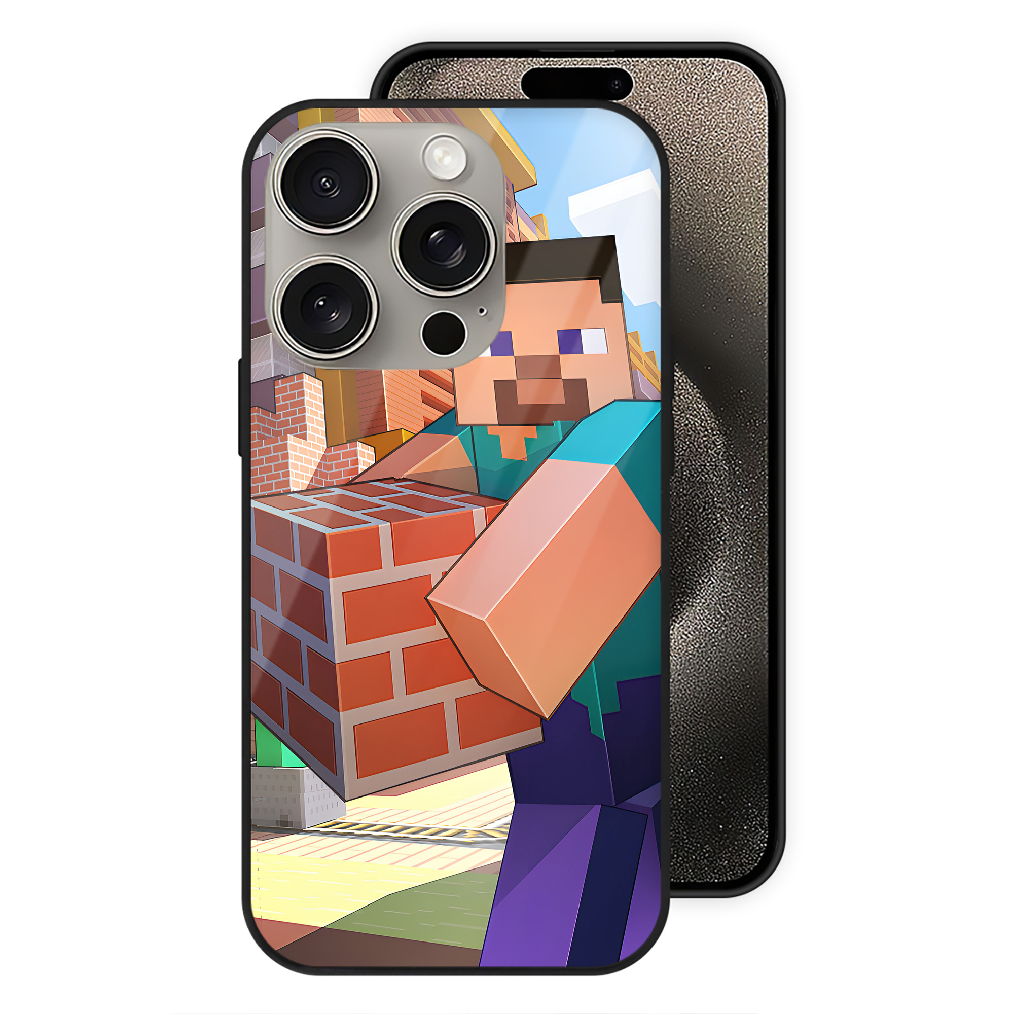（画像用） マインクラフト ブロックの世界 Minecraft MC Block world 【iPhone15Pro対応】スマホケース 耐衝撃＆黄変防止 背面ガラス