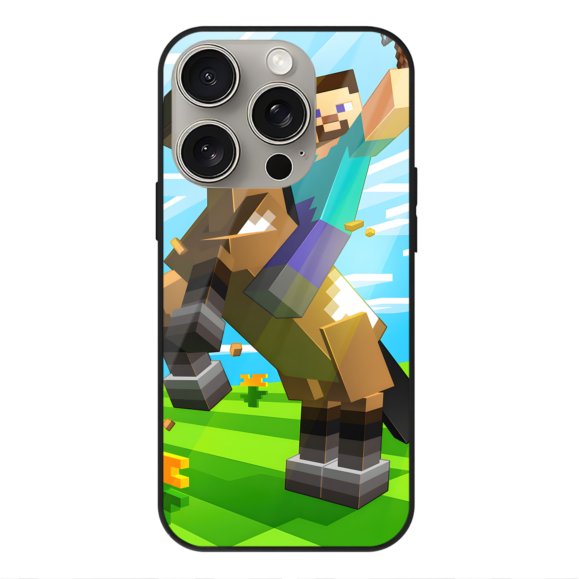 （画像用） マインクラフト ブロックの世界 Minecraft MC Block world 【iPhone15Pro対応】スマホケース 耐衝撃＆黄変防止 背面ガラス