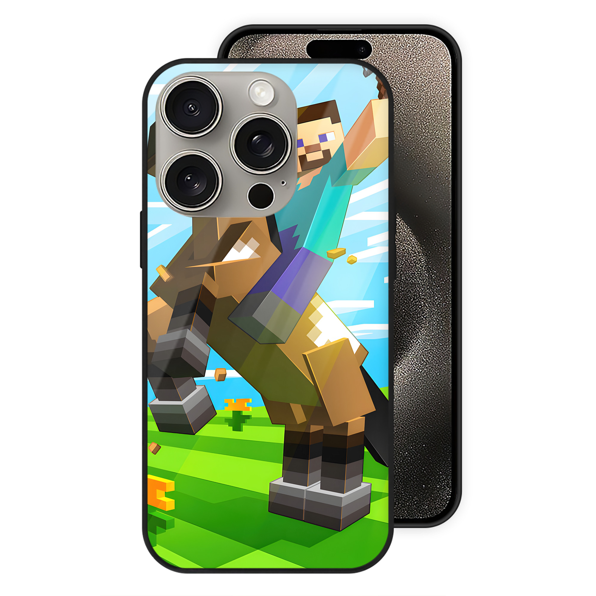 （画像用） マインクラフト ブロックの世界 Minecraft MC Block world 【iPhone15Pro対応】スマホケース 耐衝撃＆黄変防止 背面ガラス