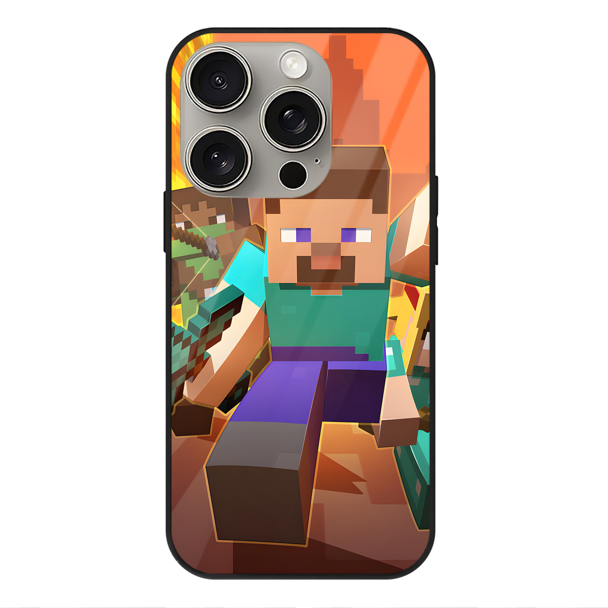 （画像用） マインクラフト ブロックの世界 Minecraft MC Block world 【iPhone15Pro対応】スマホケース 耐衝撃＆黄変防止 背面ガラス
