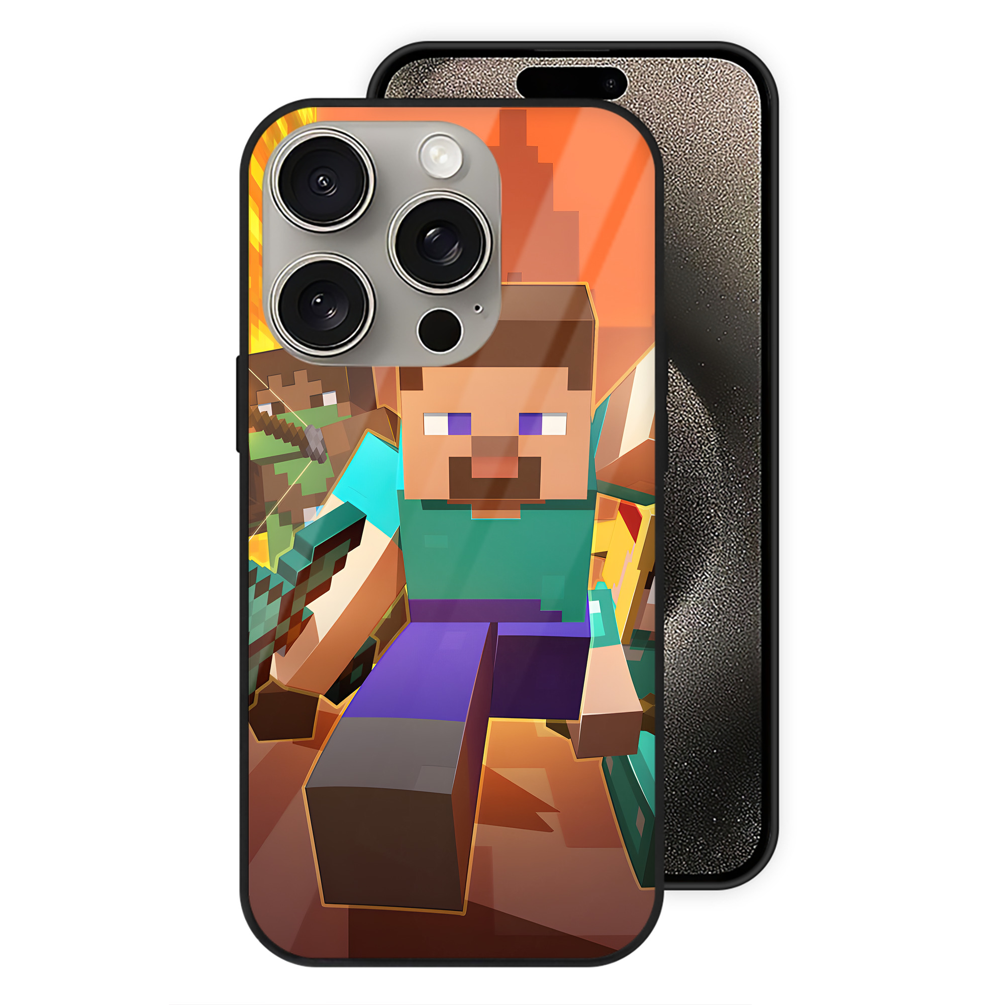 （画像用） マインクラフト ブロックの世界 Minecraft MC Block world 【iPhone15Pro対応】スマホケース 耐衝撃＆黄変防止 背面ガラス