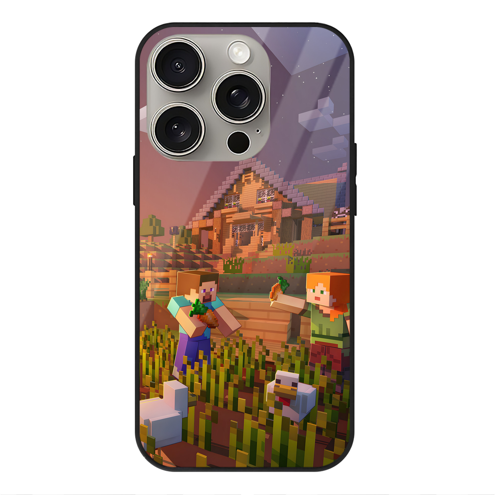 （画像用） マインクラフト ブロックの世界 Minecraft MC Block world 【iPhone15Pro対応】スマホケース 耐衝撃＆黄変防止 背面ガラス