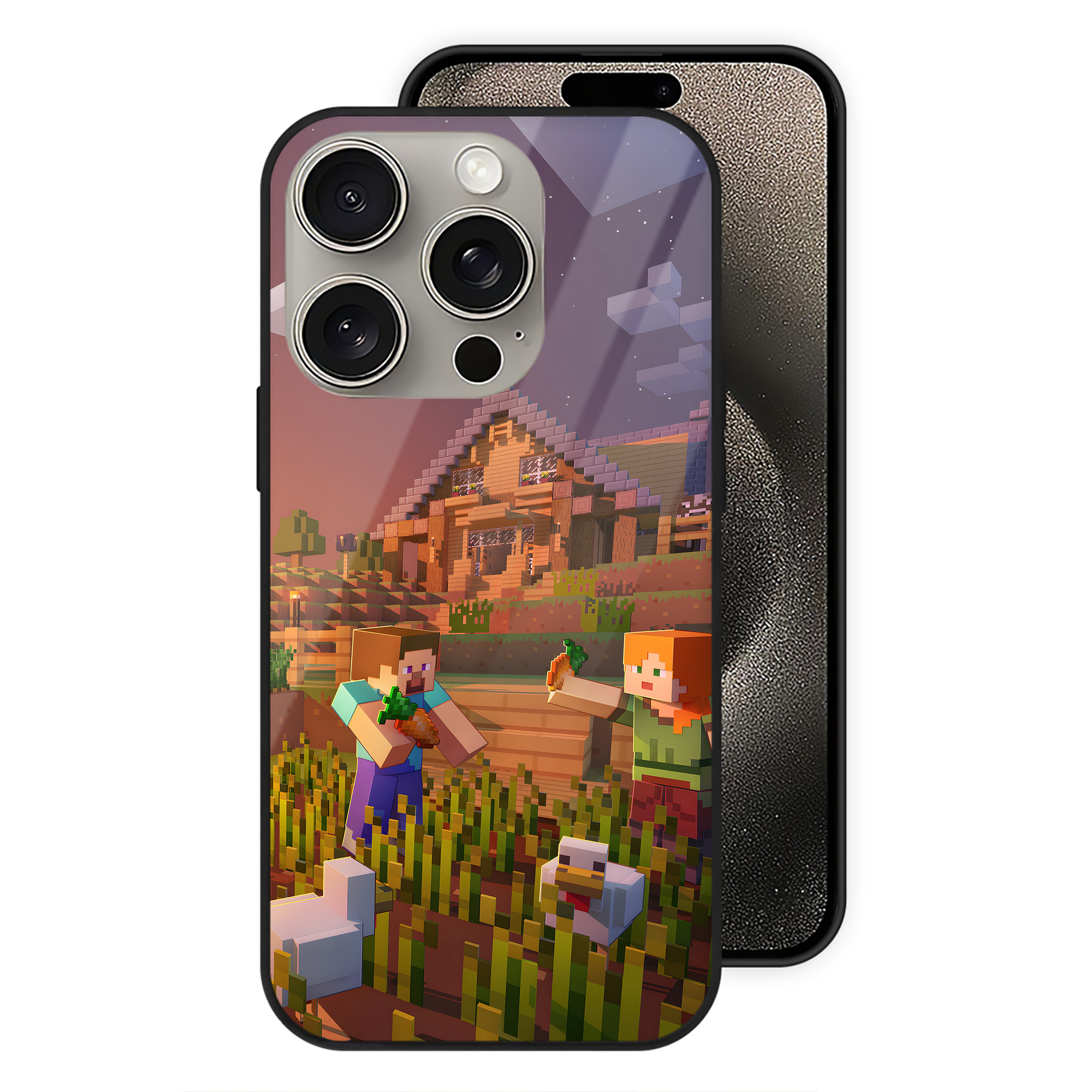 （画像用） マインクラフト ブロックの世界 Minecraft MC Block world 【iPhone15Pro対応】スマホケース 耐衝撃＆黄変防止 背面ガラス