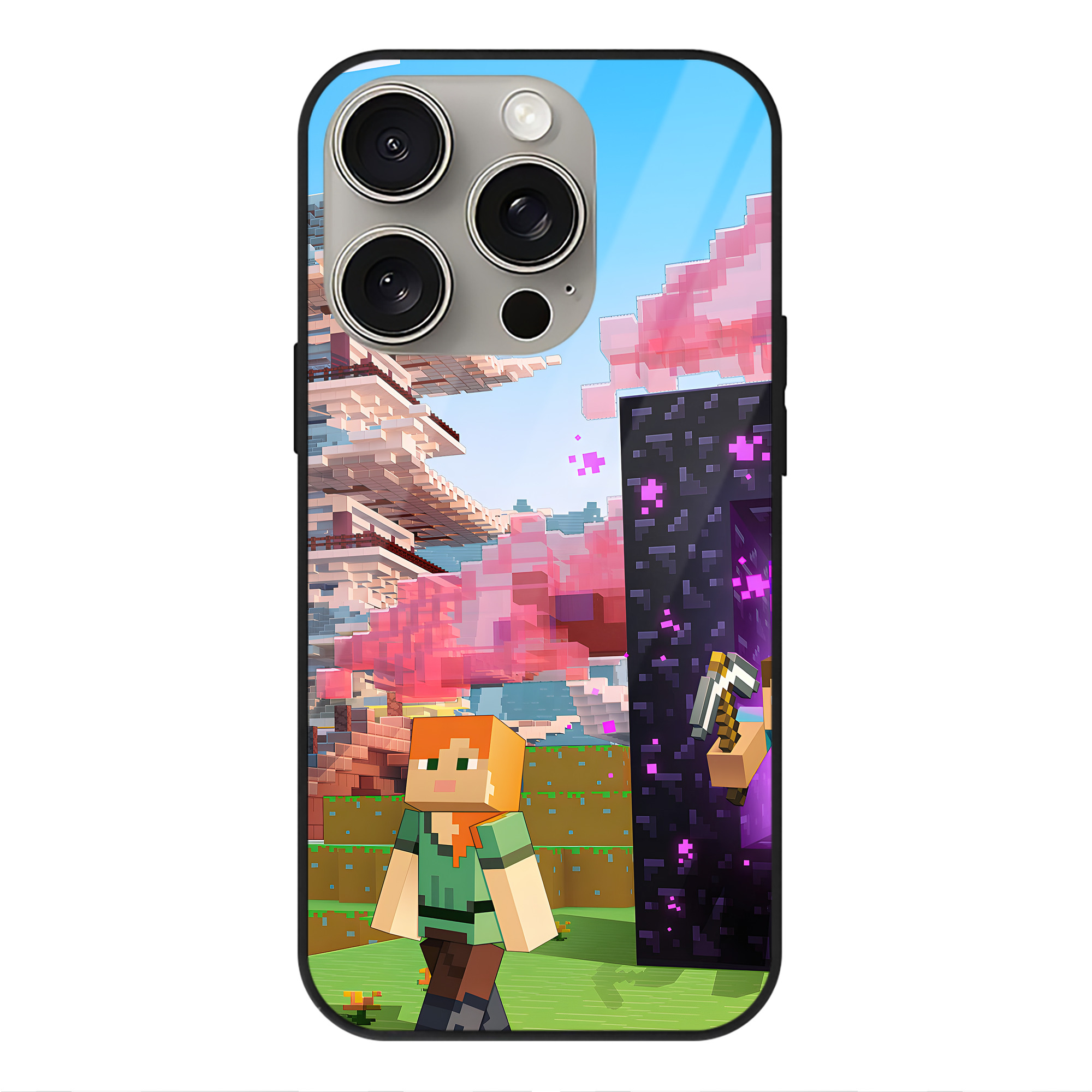 （画像用） マインクラフト ブロックの世界 Minecraft MC Block world 【iPhone15Pro対応】スマホケース 耐衝撃＆黄変防止 背面ガラス
