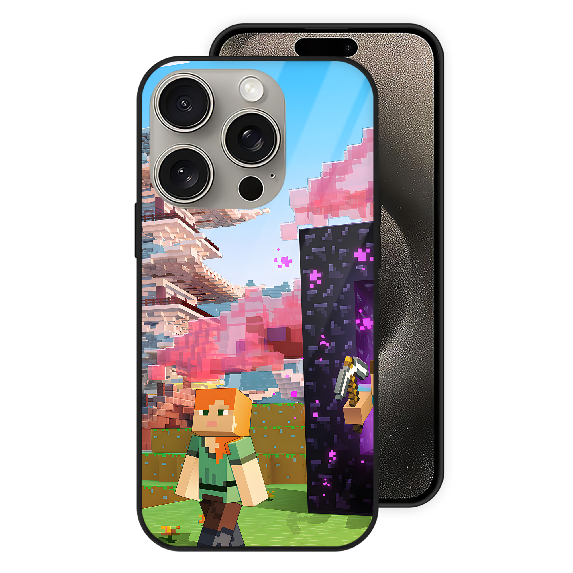 （画像用） マインクラフト ブロックの世界 Minecraft MC Block world 【iPhone15Pro対応】スマホケース 耐衝撃＆黄変防止 背面ガラス