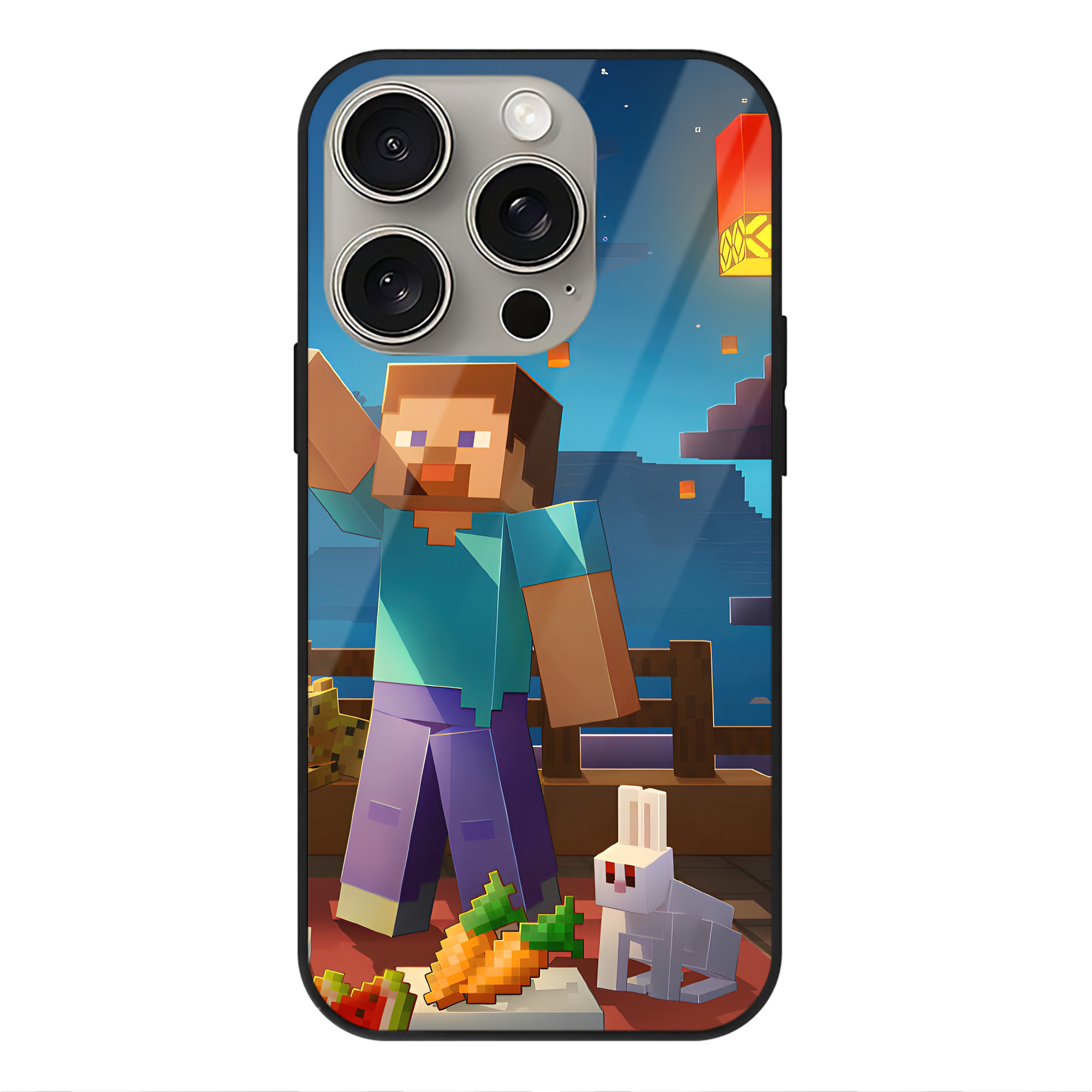 （画像用） マインクラフト ブロックの世界 Minecraft MC Block world 【iPhone15Pro対応】スマホケース 耐衝撃＆黄変防止 背面ガラス