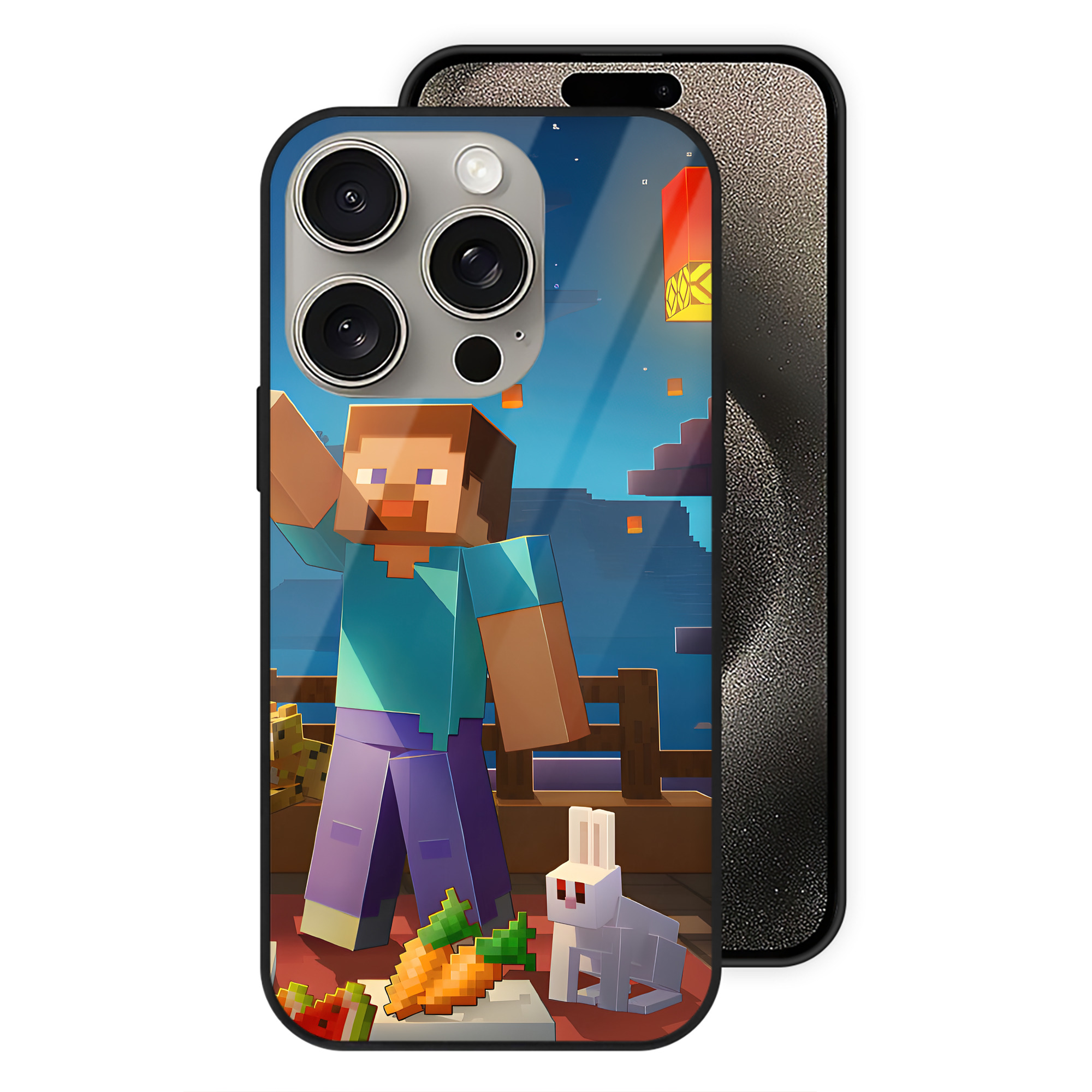 （画像用） マインクラフト ブロックの世界 Minecraft MC Block world 【iPhone15Pro対応】スマホケース 耐衝撃＆黄変防止 背面ガラス