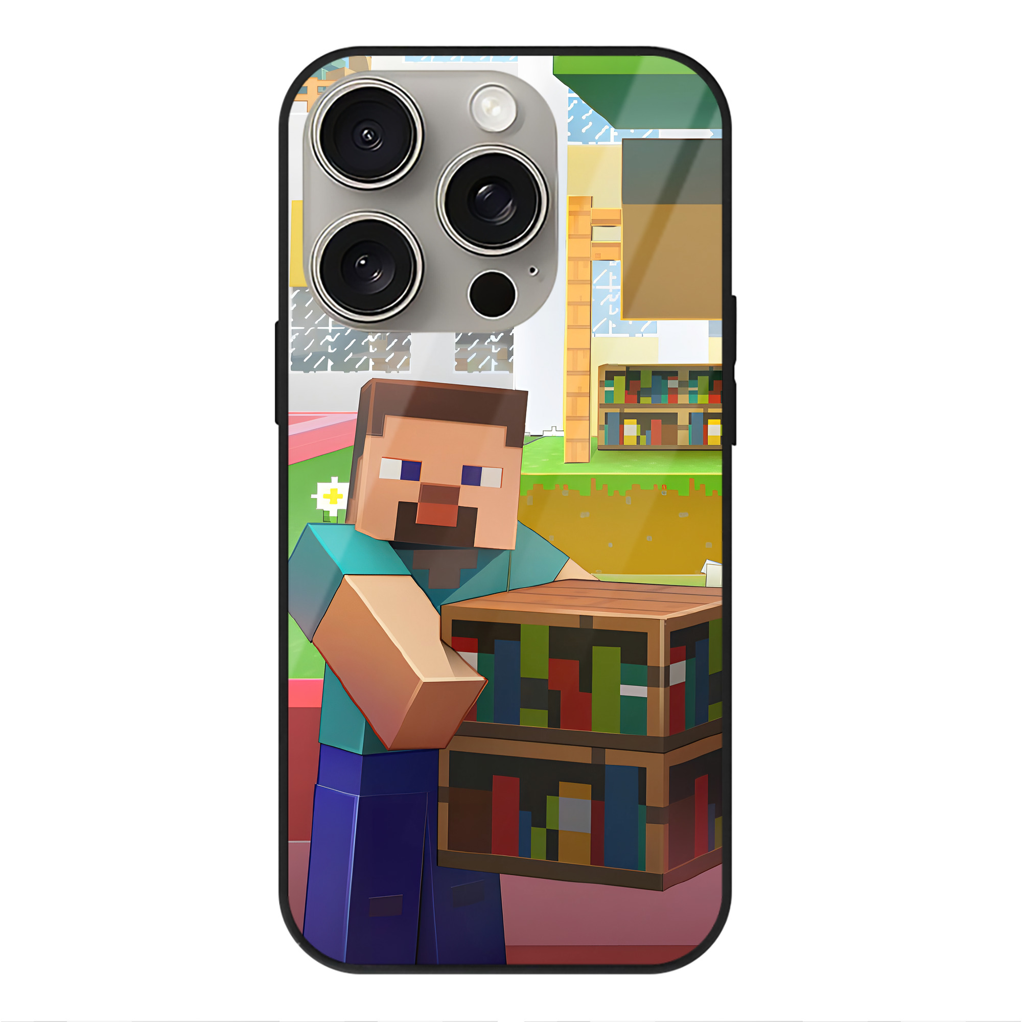 （画像用） マインクラフト ブロックの世界 Minecraft MC Block world 【iPhone15Pro対応】スマホケース 耐衝撃＆黄変防止 背面ガラス