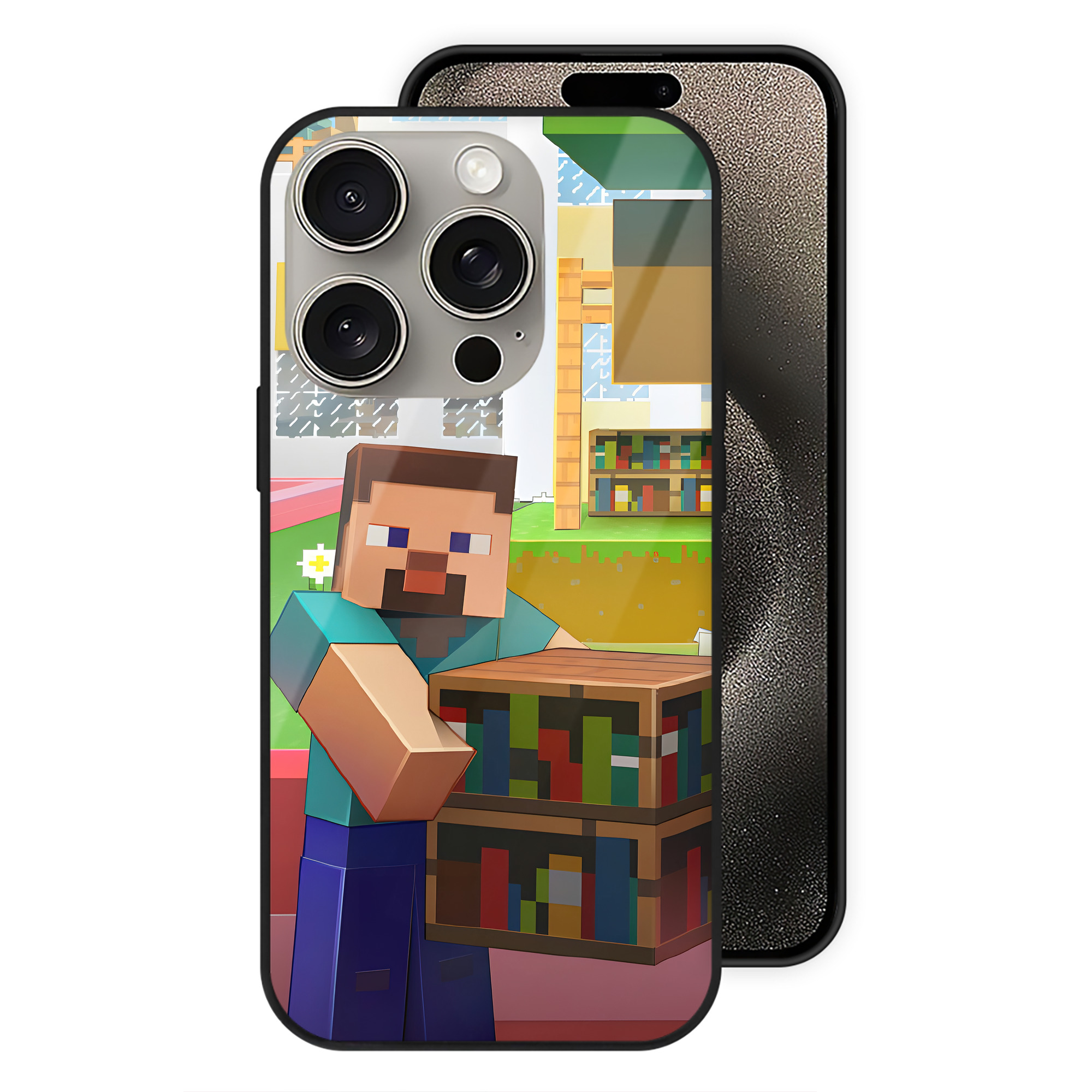 （画像用） マインクラフト ブロックの世界 Minecraft MC Block world 【iPhone15Pro対応】スマホケース 耐衝撃＆黄変防止 背面ガラス