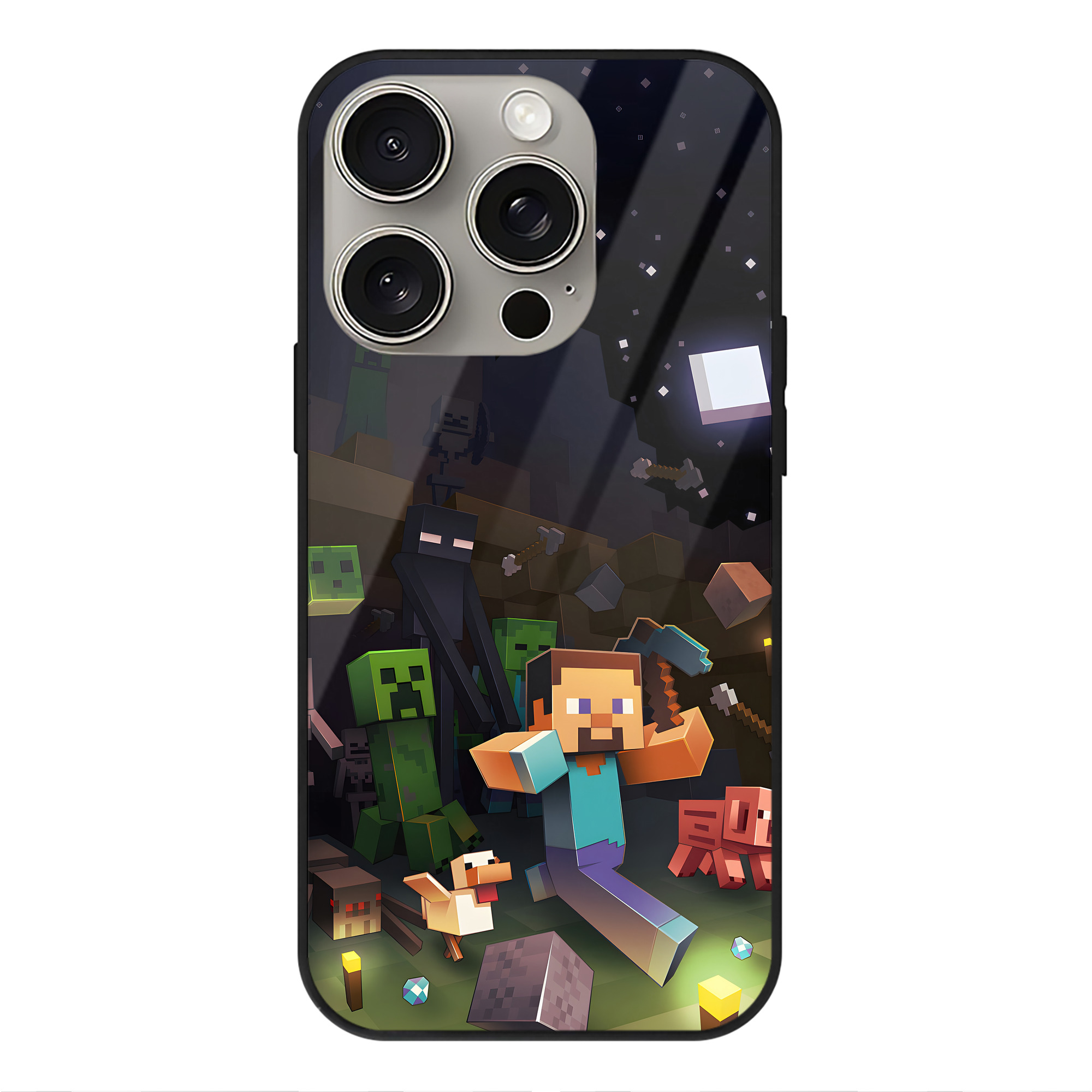 （画像用） マインクラフト ブロックの世界 Minecraft MC Block world 【iPhone15Pro対応】スマホケース 耐衝撃＆黄変防止 背面ガラス