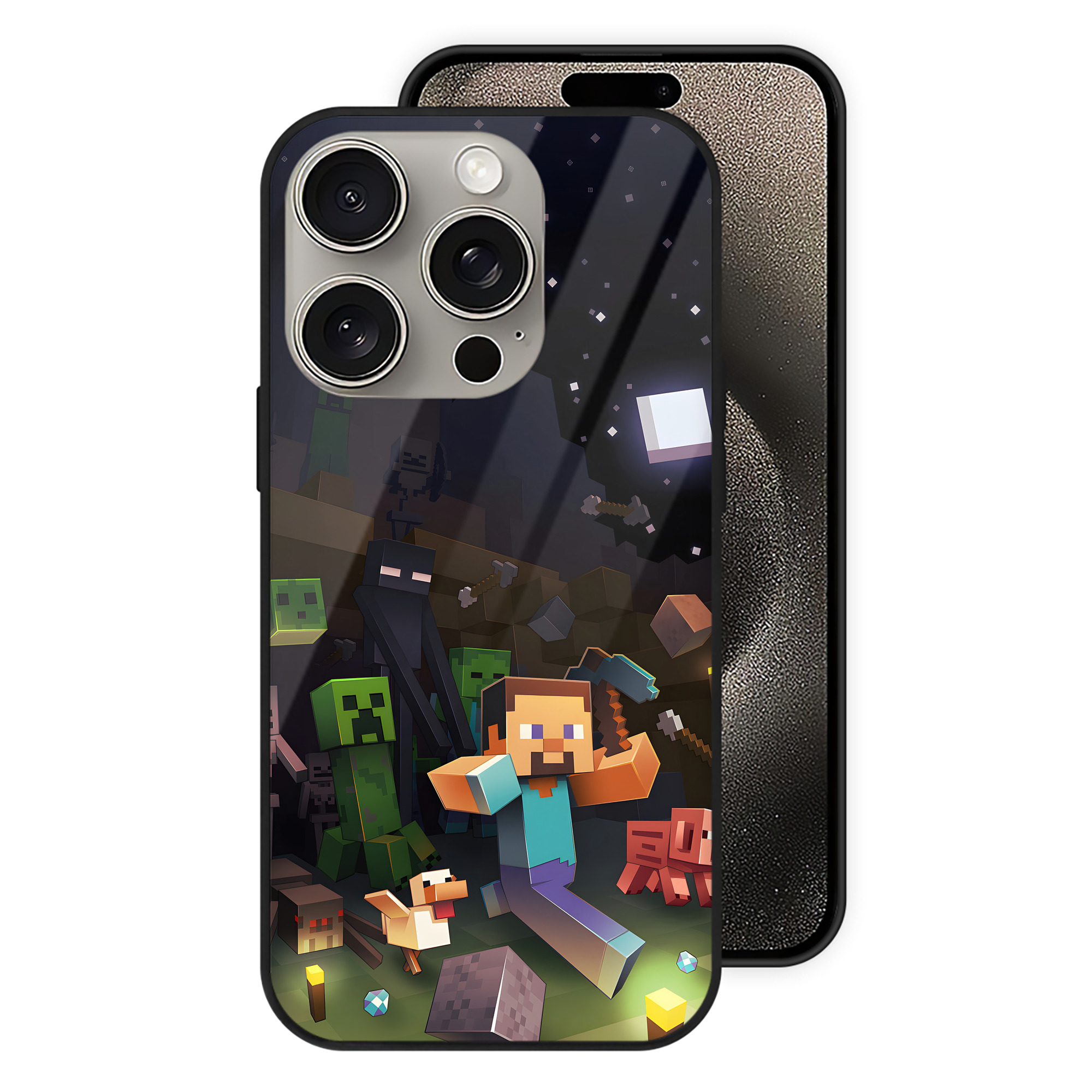 （画像用） マインクラフト ブロックの世界 Minecraft MC Block world 【iPhone15Pro対応】スマホケース 耐衝撃＆黄変防止 背面ガラス
