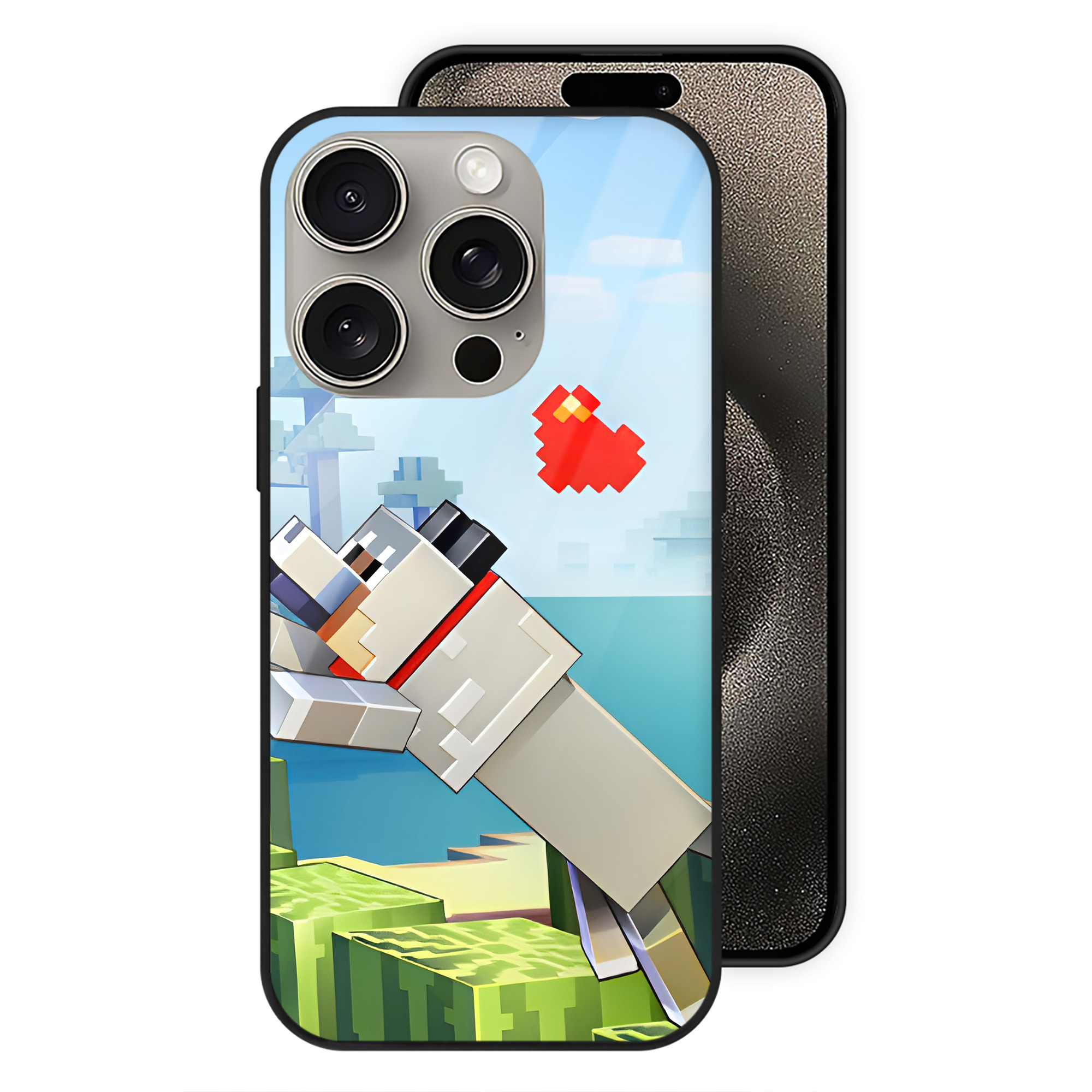 （画像用） マインクラフト ブロックの世界 Minecraft MC Block world 【iPhone15Pro対応】スマホケース 耐衝撃＆黄変防止 背面ガラス