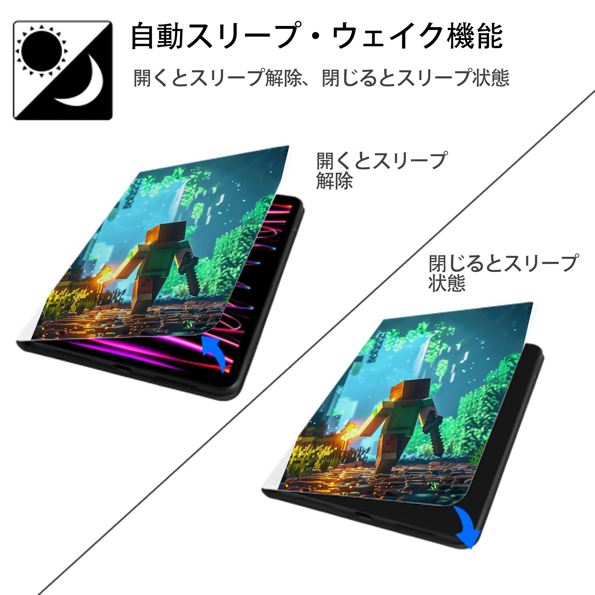 マインクラフト ブロックの世界 Minecraft MC Block world IPad ケース ペン収納付き 三つ折りスタンド PUレザー×シリコン 対応機種9.5/10.5/10.9インチ