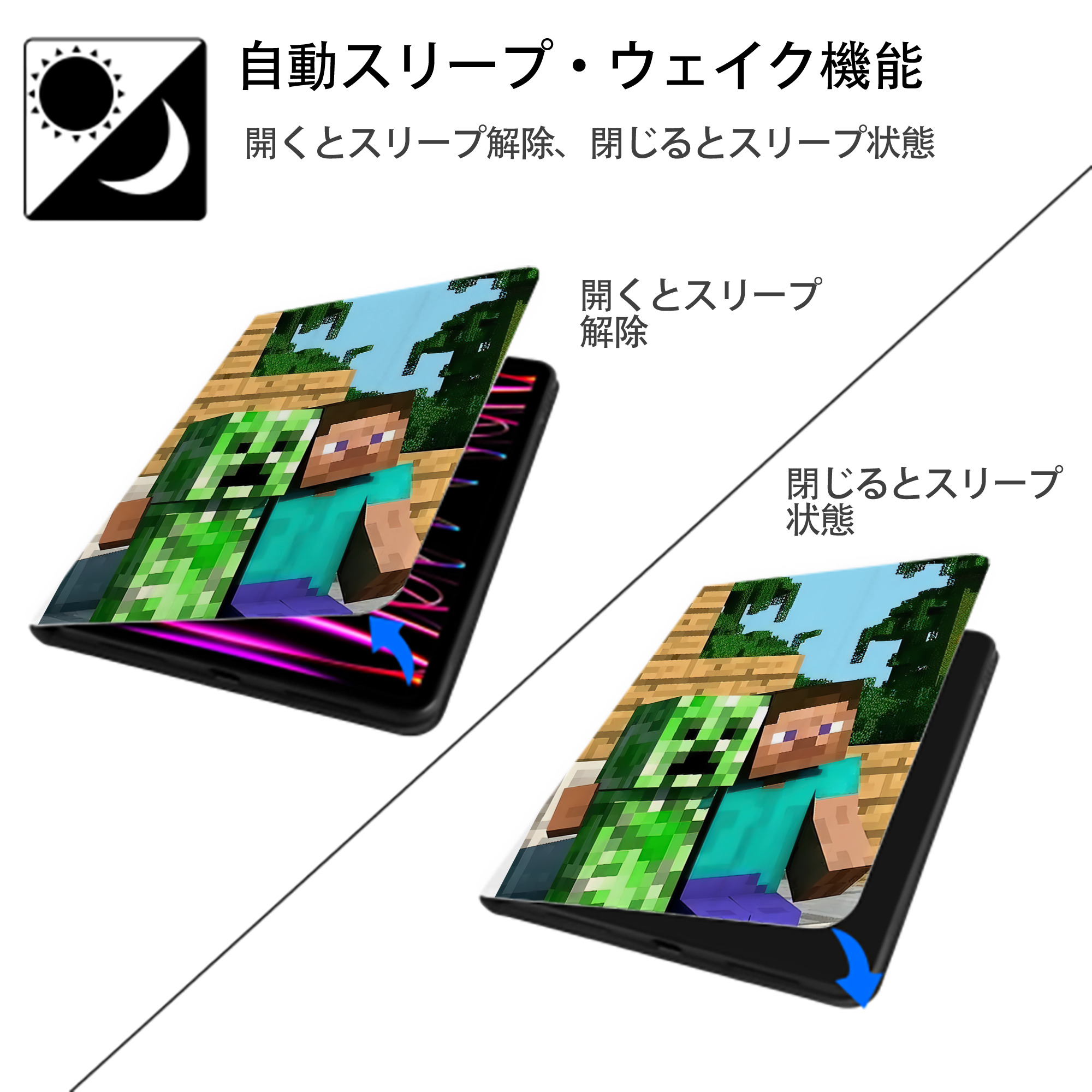 マインクラフト ブロックの世界 Minecraft MC Block world IPad ケース ペン収納付き 三つ折りスタンド PUレザー×シリコン 対応機種9.5/10.5/10.9インチ