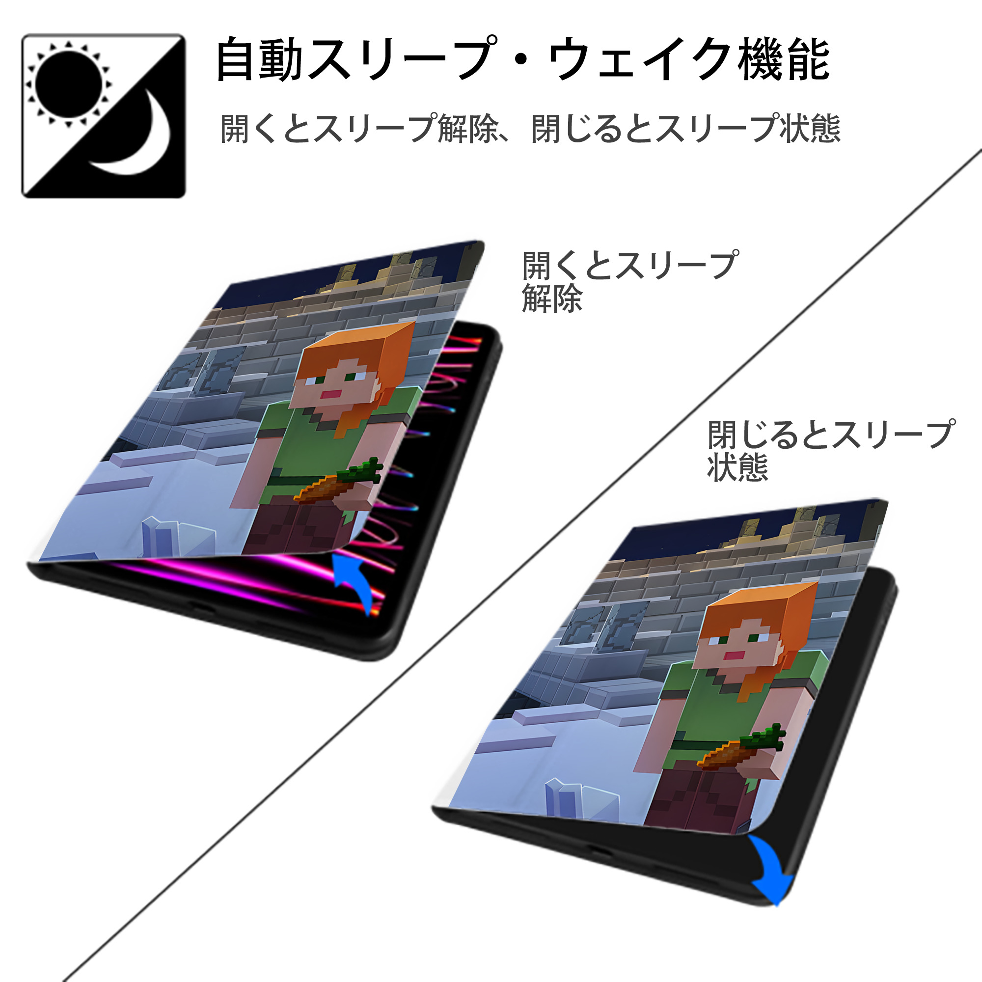 マインクラフト ブロックの世界 Minecraft MC Block world IPad ケース ペン収納付き 三つ折りスタンド PUレザー×シリコン 対応機種9.5/10.5/10.9インチ