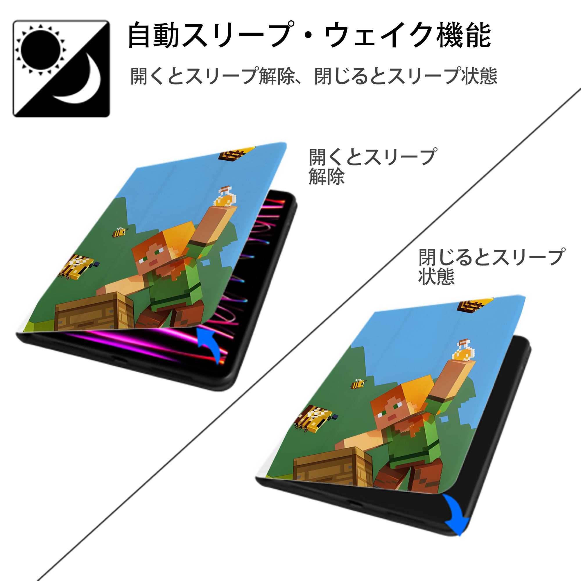 マインクラフト ブロックの世界 Minecraft MC Block world IPad ケース ペン収納付き 三つ折りスタンド PUレザー×シリコン 対応機種9.5/10.5/10.9インチ