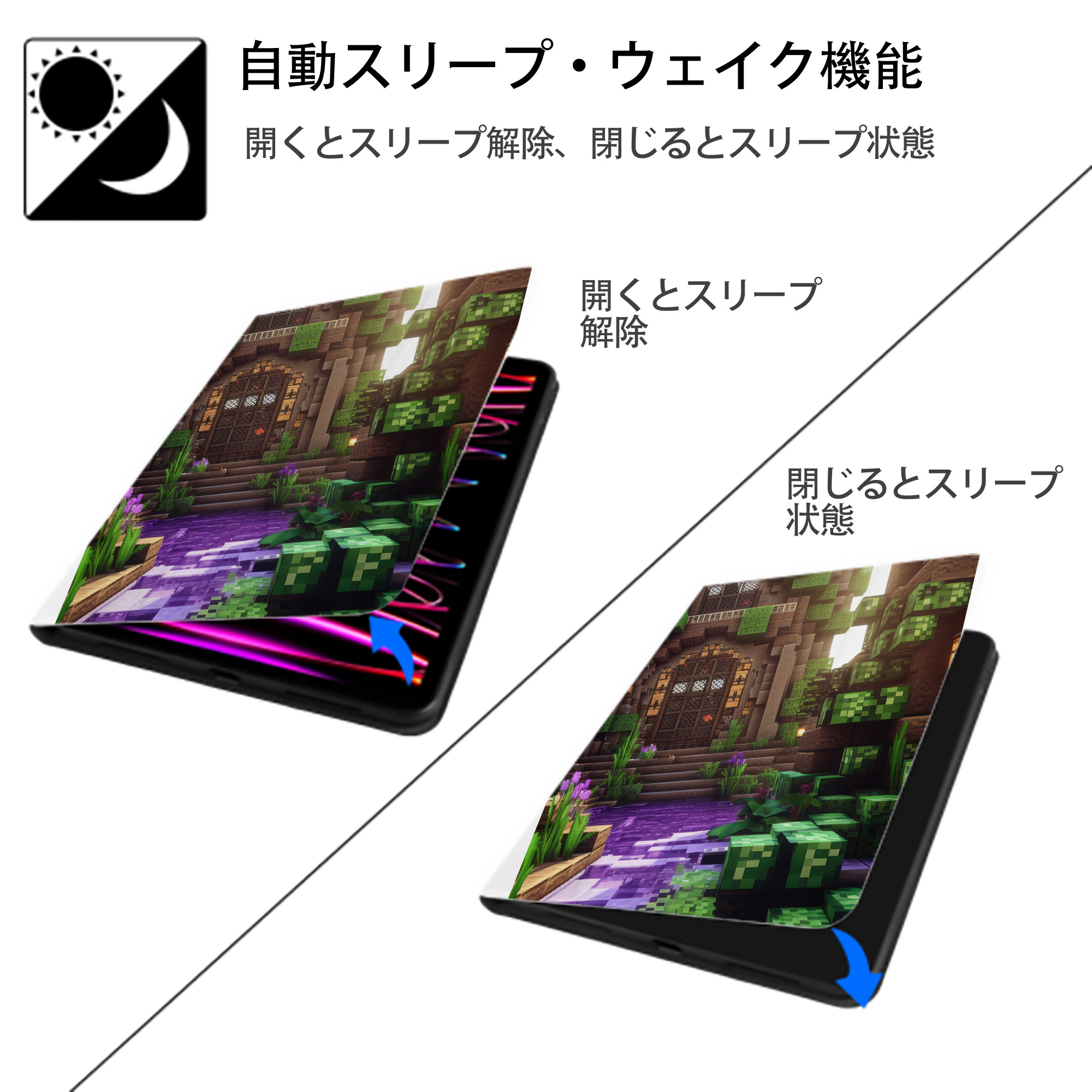 マインクラフト ブロックの世界 Minecraft MC Block world IPad ケース ペン収納付き 三つ折りスタンド PUレザー×シリコン 対応機種9.5/10.5/10.9インチ