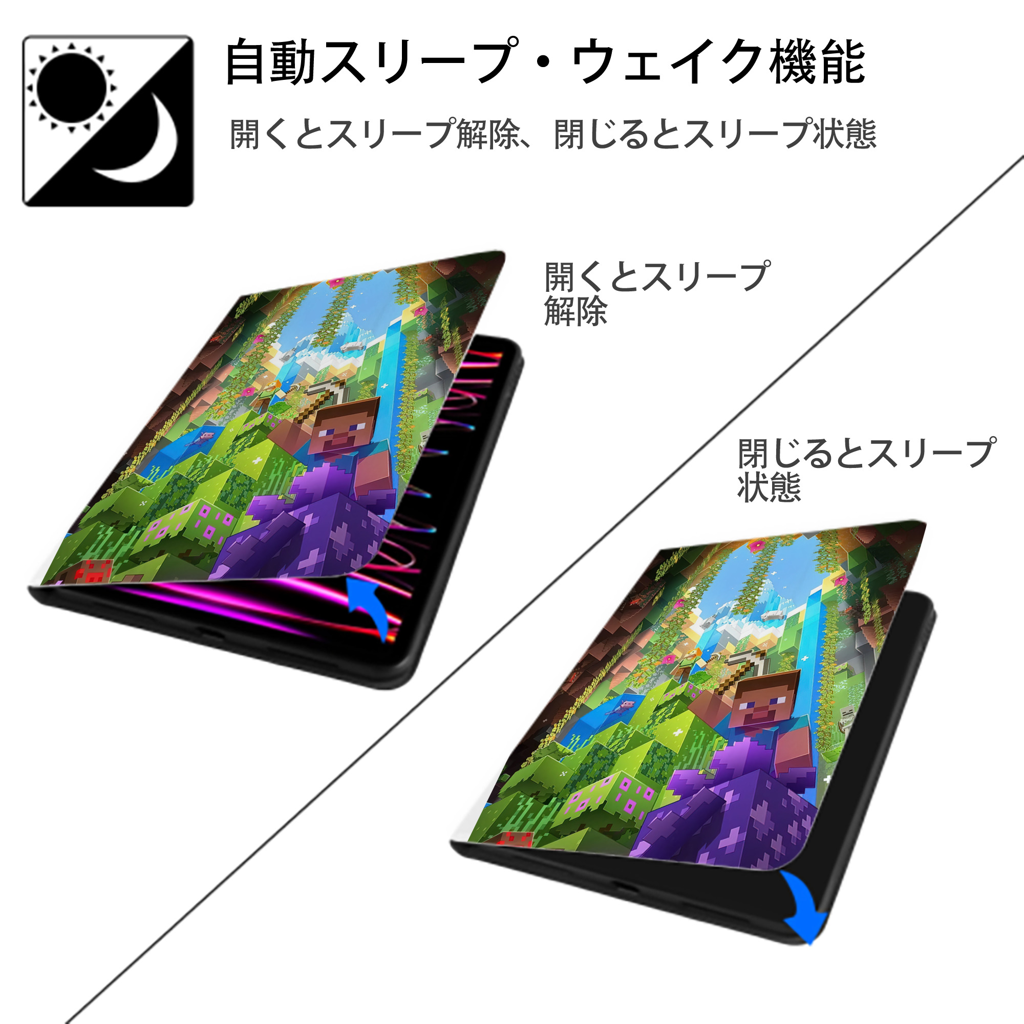 マインクラフト ブロックの世界 Minecraft MC Block world IPad ケース ペン収納付き 三つ折りスタンド PUレザー×シリコン 対応機種9.5/10.5/10.9インチ