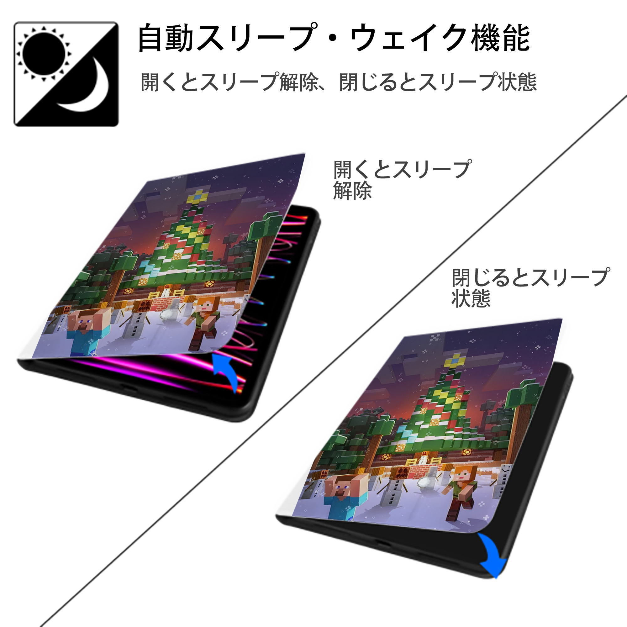 マインクラフト ブロックの世界 Minecraft MC Block world IPad ケース ペン収納付き 三つ折りスタンド PUレザー×シリコン 対応機種9.5/10.5/10.9インチ