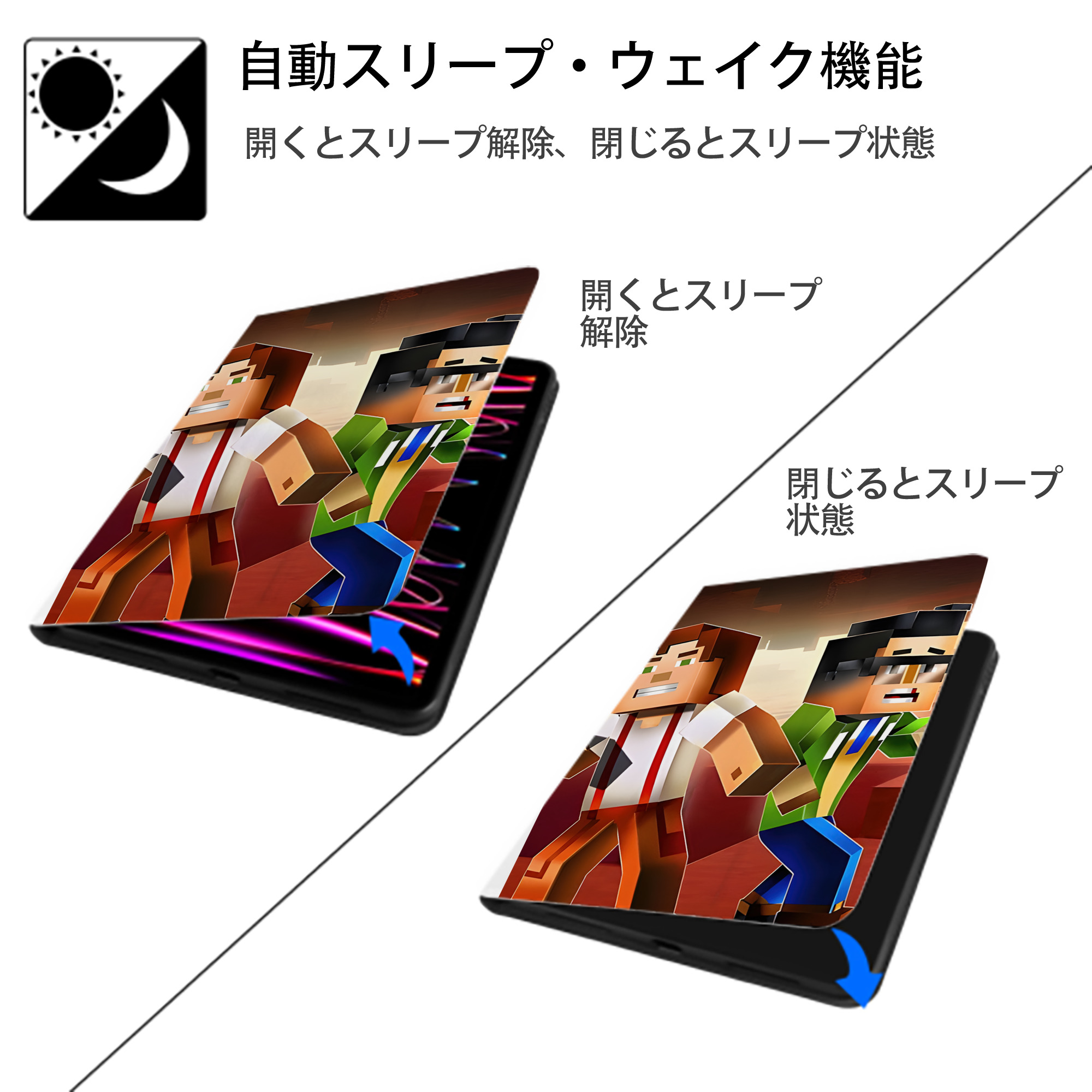 マインクラフト ブロックの世界 Minecraft MC Block world IPad ケース ペン収納付き 三つ折りスタンド PUレザー×シリコン 対応機種9.5/10.5/10.9インチ