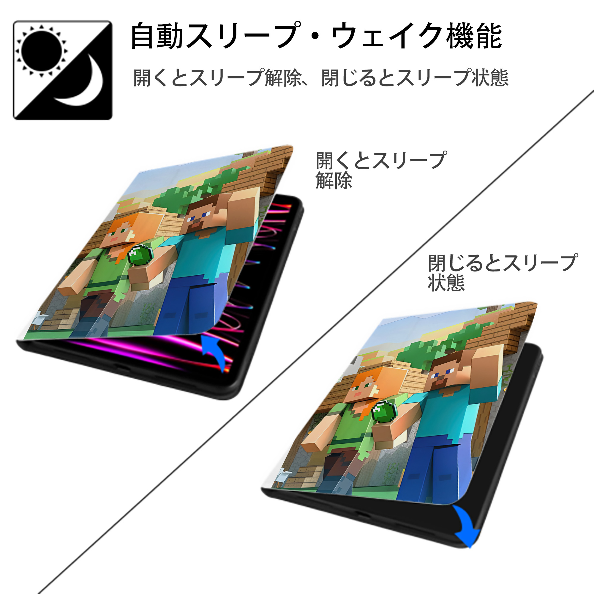 マインクラフト ブロックの世界 Minecraft MC Block world IPad ケース ペン収納付き 三つ折りスタンド PUレザー×シリコン 対応機種9.5/10.5/10.9インチ
