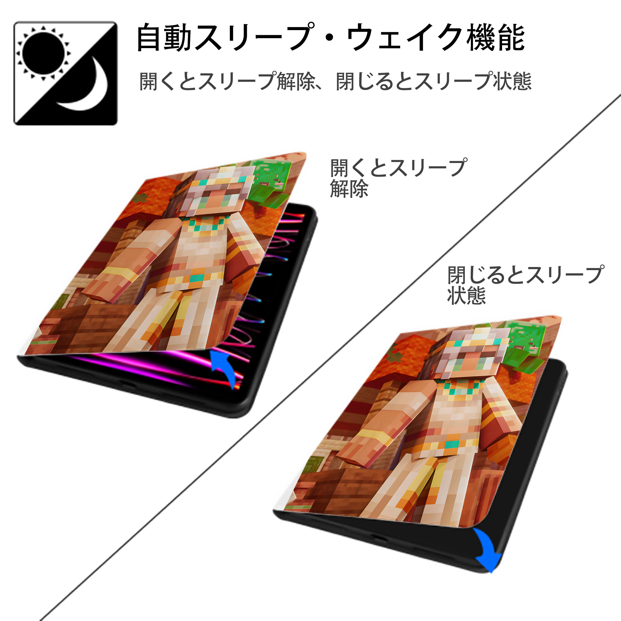 マインクラフト ブロックの世界 Minecraft MC Block world IPad ケース ペン収納付き 三つ折りスタンド PUレザー×シリコン 対応機種9.5/10.5/10.9インチ