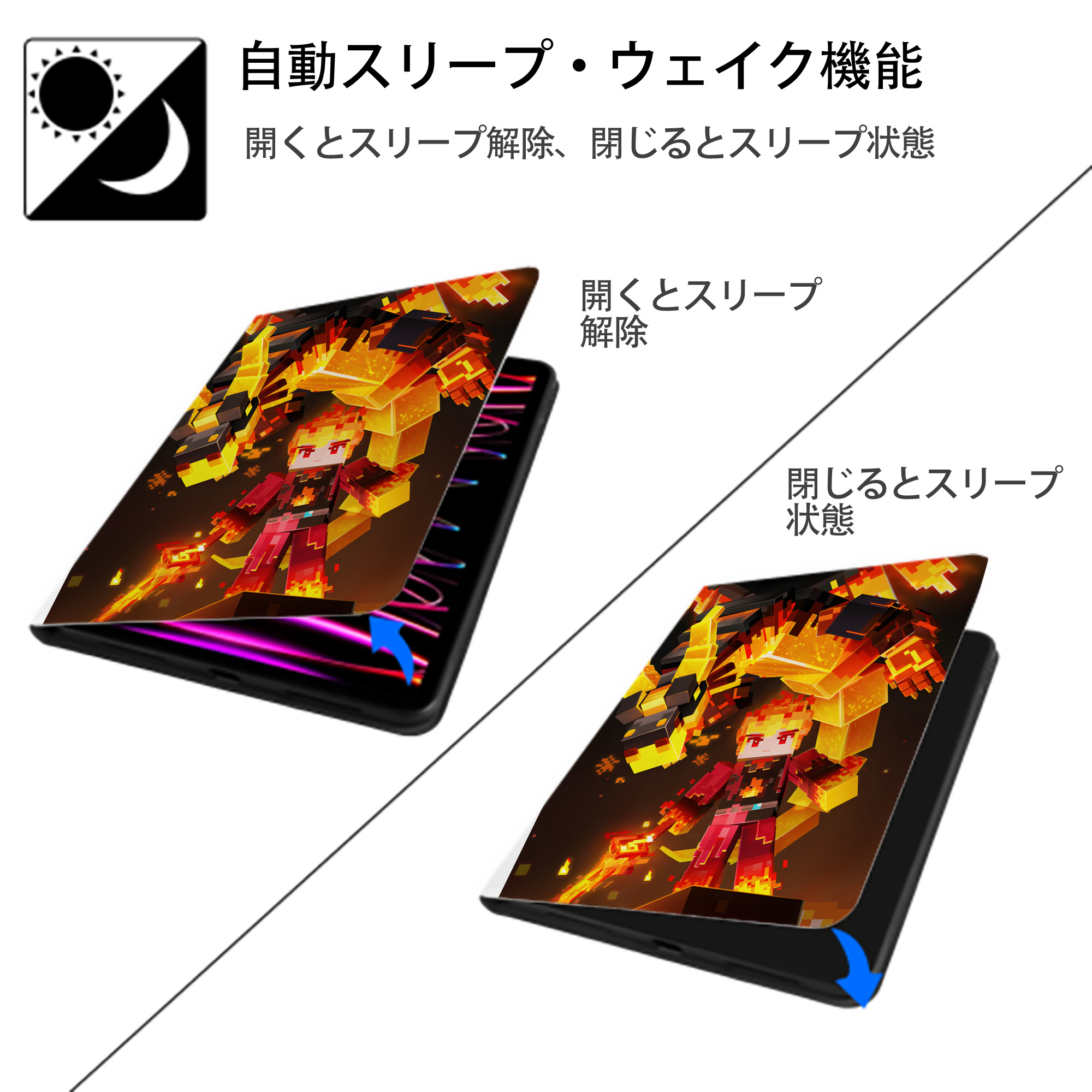 マインクラフト ブロックの世界 Minecraft MC Block world IPad ケース ペン収納付き 三つ折りスタンド PUレザー×シリコン 対応機種9.5/10.5/10.9インチ