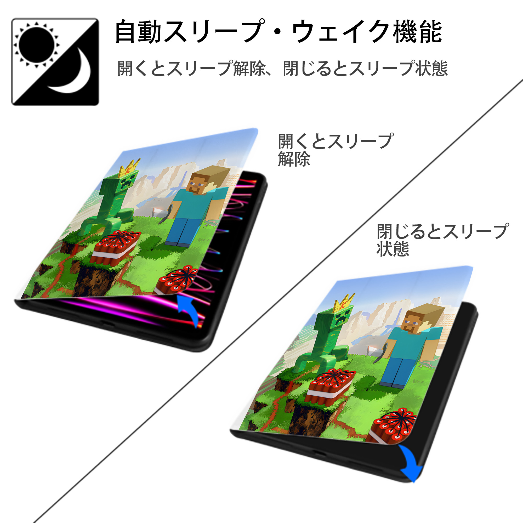 マインクラフト ブロックの世界 Minecraft MC Block world IPad ケース ペン収納付き 三つ折りスタンド PUレザー×シリコン 対応機種9.5/10.5/10.9インチ