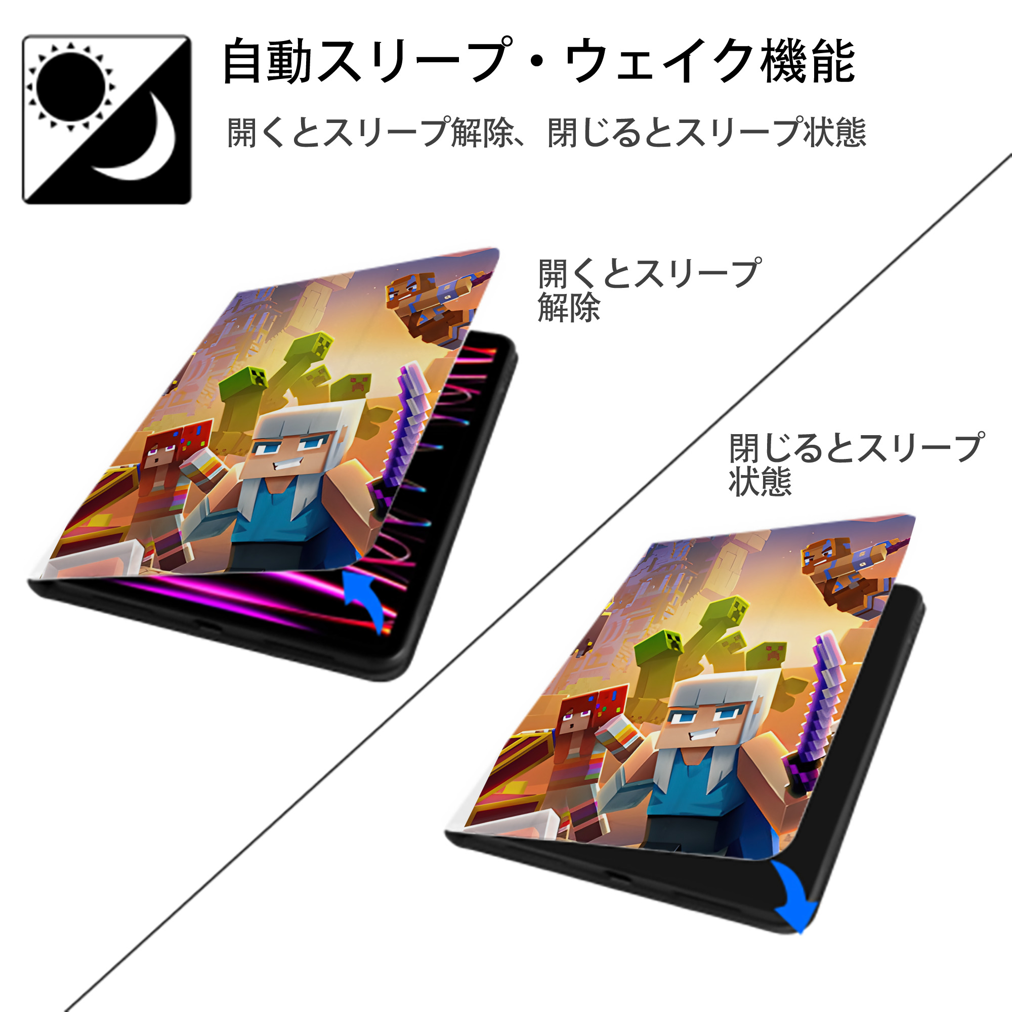 マインクラフト ブロックの世界 Minecraft MC Block world IPad ケース ペン収納付き 三つ折りスタンド PUレザー×シリコン 対応機種9.5/10.5/10.9インチ