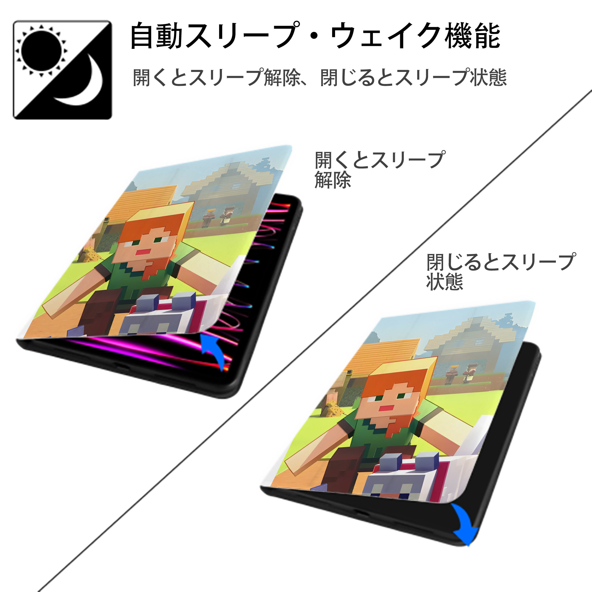 マインクラフト ブロックの世界 Minecraft MC Block world IPad ケース ペン収納付き 三つ折りスタンド PUレザー×シリコン 対応機種9.5/10.5/10.9インチ