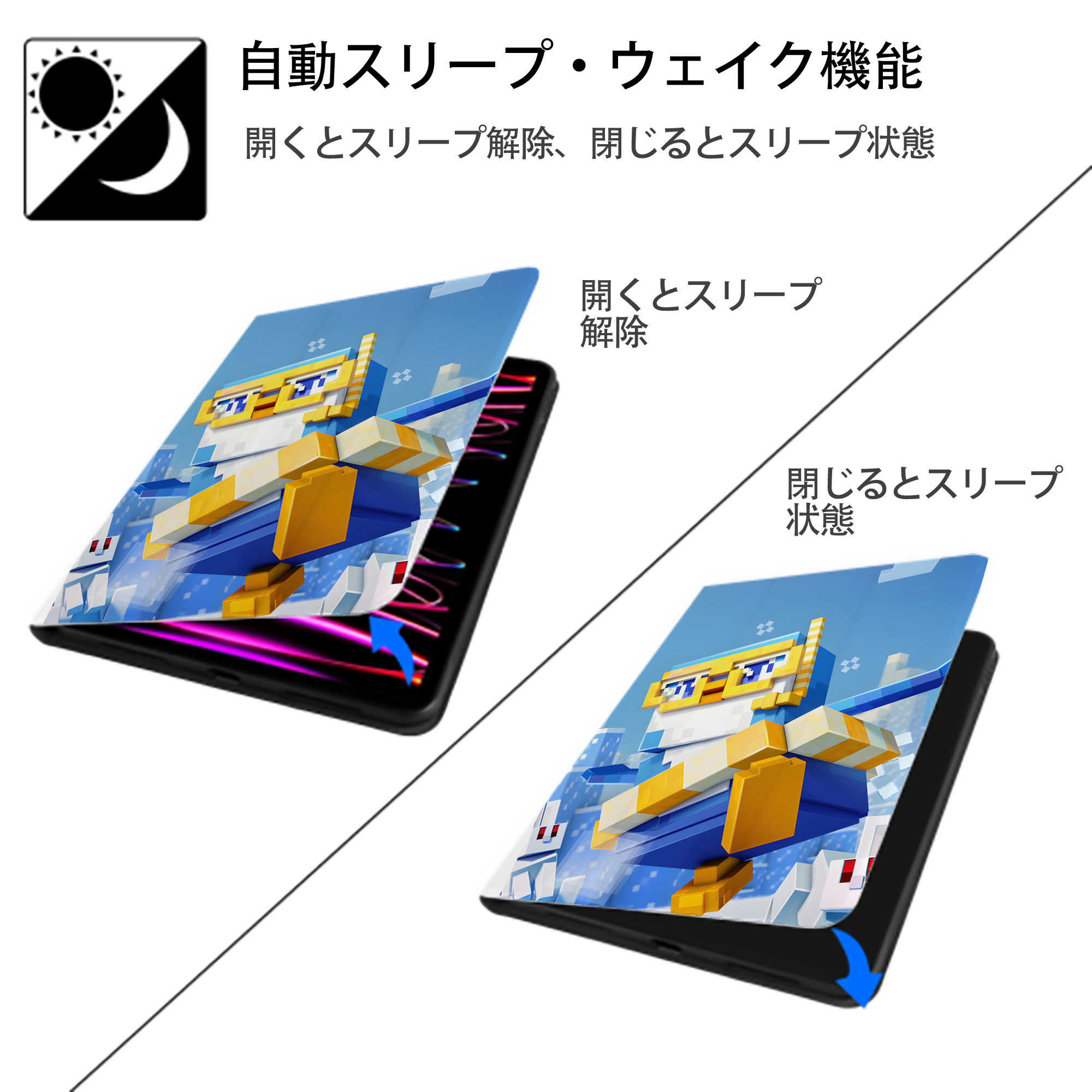 マインクラフト ブロックの世界 Minecraft MC Block world IPad ケース ペン収納付き 三つ折りスタンド PUレザー×シリコン 対応機種9.5/10.5/10.9インチ