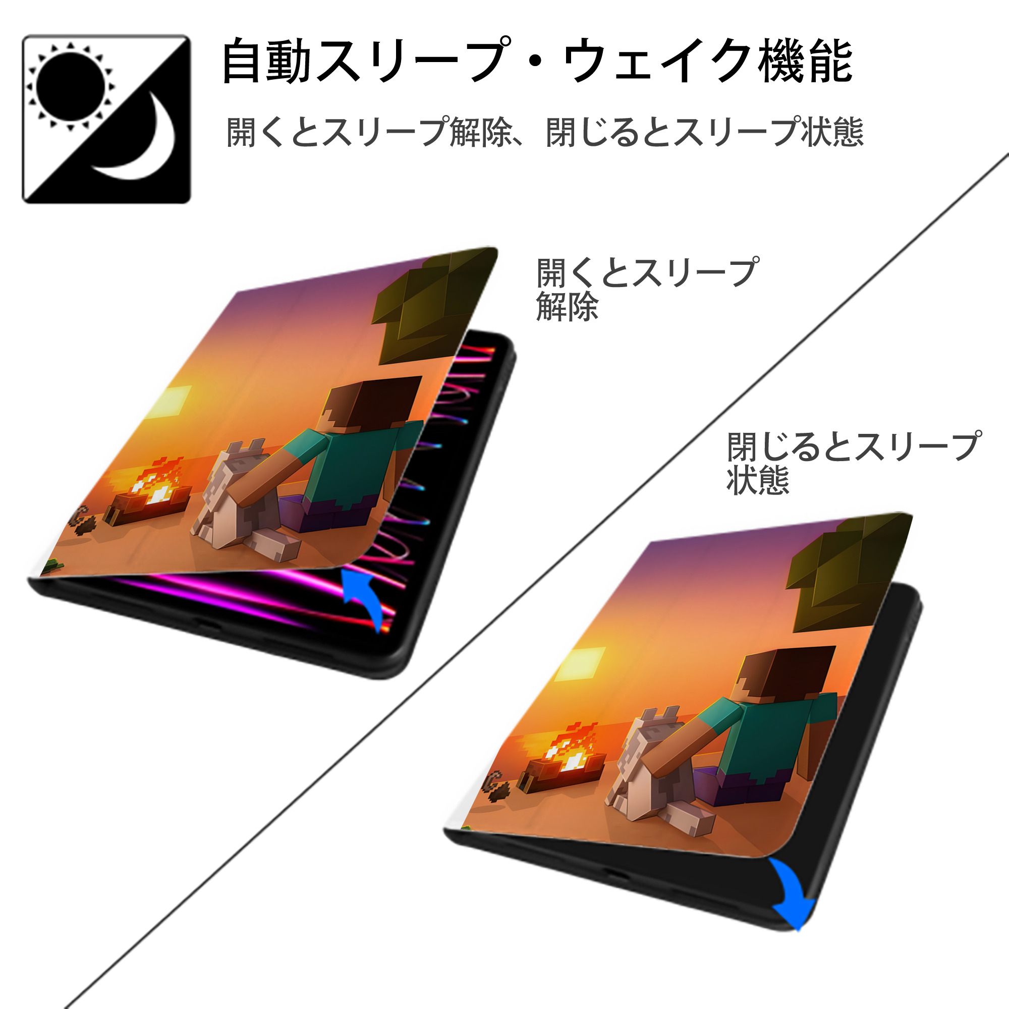 マインクラフト ブロックの世界 Minecraft MC Block world IPad ケース ペン収納付き 三つ折りスタンド PUレザー×シリコン 対応機種9.5/10.5/10.9インチ