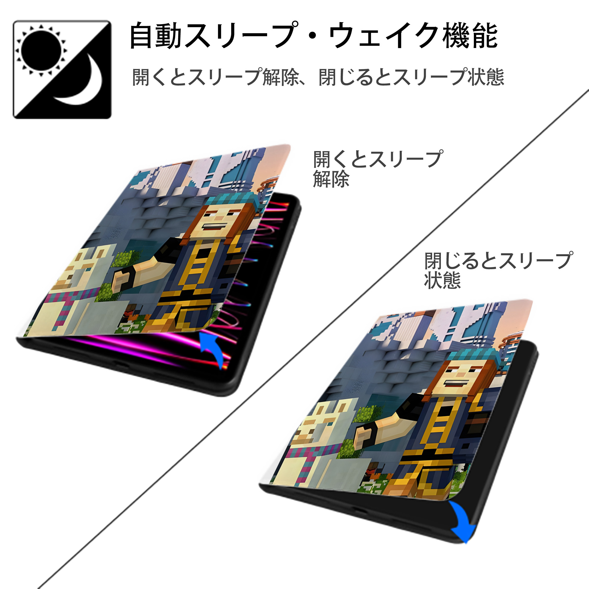 マインクラフト ブロックの世界 Minecraft MC Block world IPad ケース ペン収納付き 三つ折りスタンド PUレザー×シリコン 対応機種9.5/10.5/10.9インチ