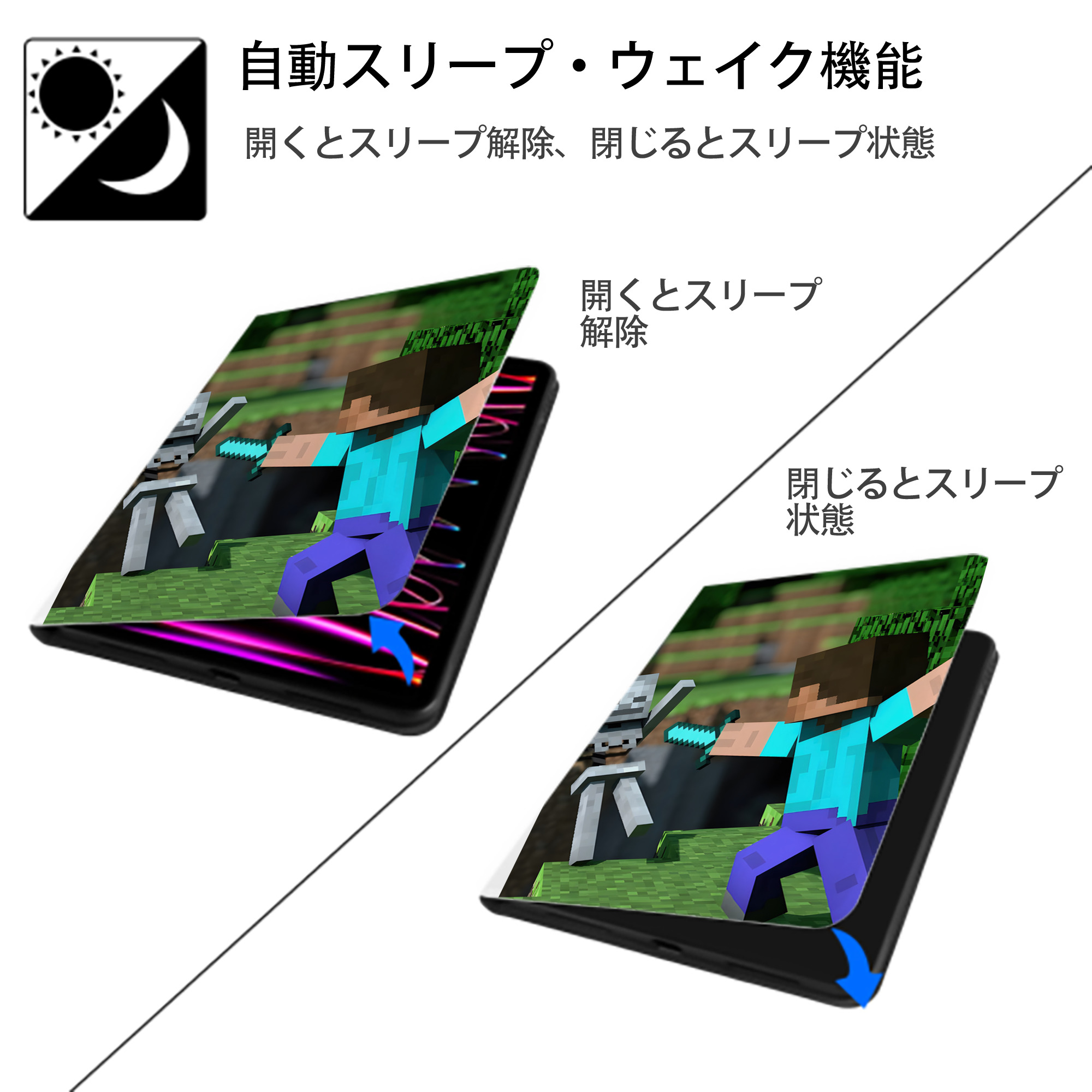 マインクラフト ブロックの世界 Minecraft MC Block world IPad ケース ペン収納付き 三つ折りスタンド PUレザー×シリコン 対応機種9.5/10.5/10.9インチ