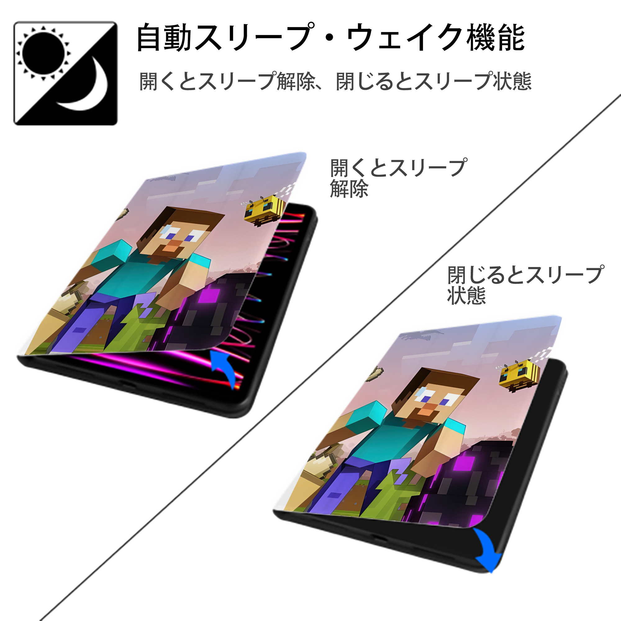 マインクラフト ブロックの世界 Minecraft MC Block world IPad ケース ペン収納付き 三つ折りスタンド PUレザー×シリコン 対応機種9.5/10.5/10.9インチ