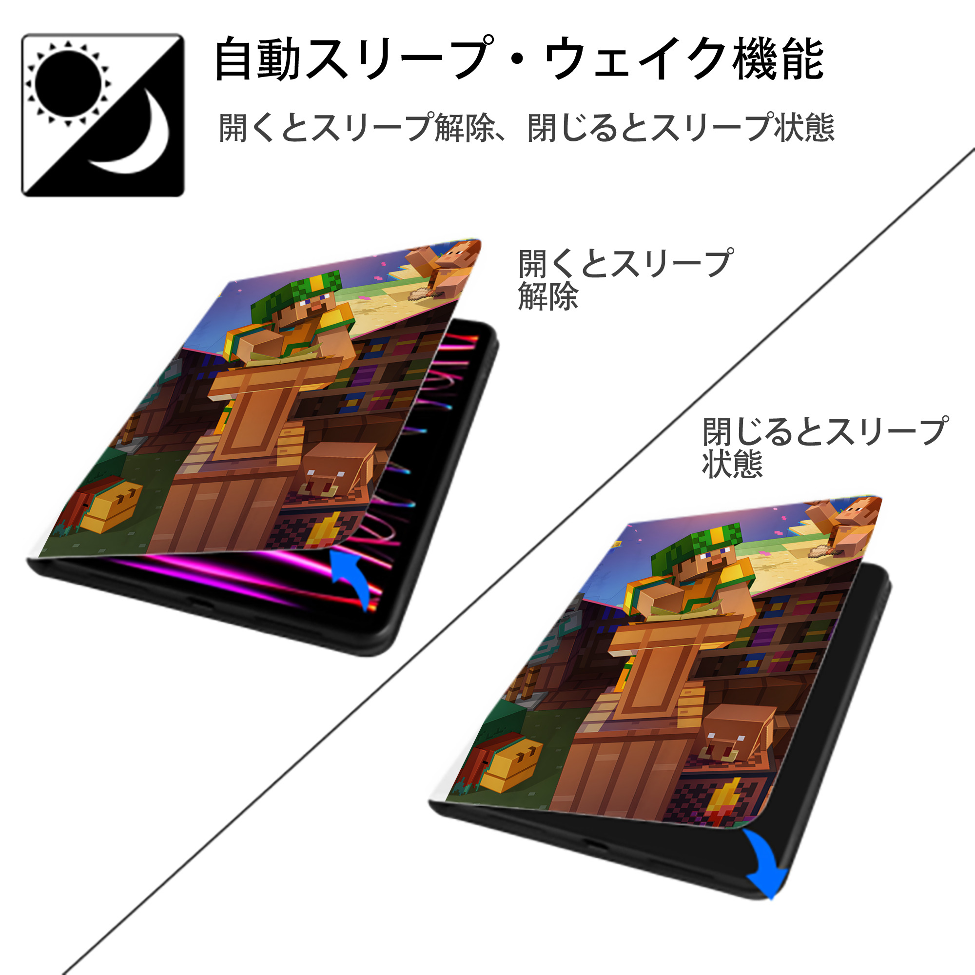 マインクラフト ブロックの世界 Minecraft MC Block world IPad ケース ペン収納付き 三つ折りスタンド PUレザー×シリコン 対応機種9.5/10.5/10.9インチ