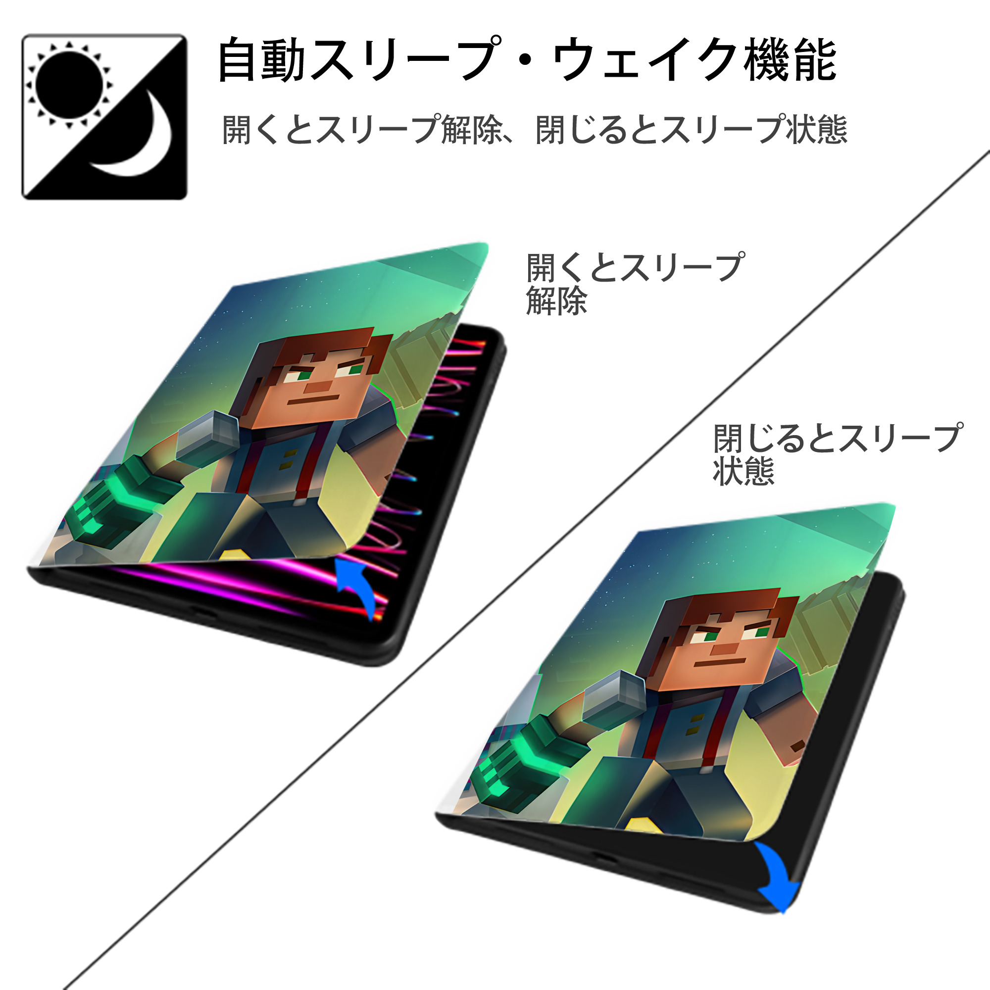 マインクラフト ブロックの世界 Minecraft MC Block world IPad ケース ペン収納付き 三つ折りスタンド PUレザー×シリコン 対応機種9.5/10.5/10.9インチ