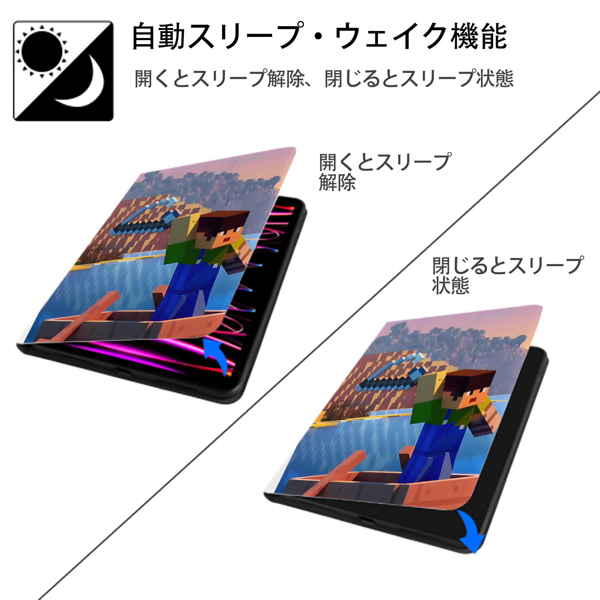 マインクラフト ブロックの世界 Minecraft MC Block world IPad ケース ペン収納付き 三つ折りスタンド PUレザー×シリコン 対応機種9.5/10.5/10.9インチ