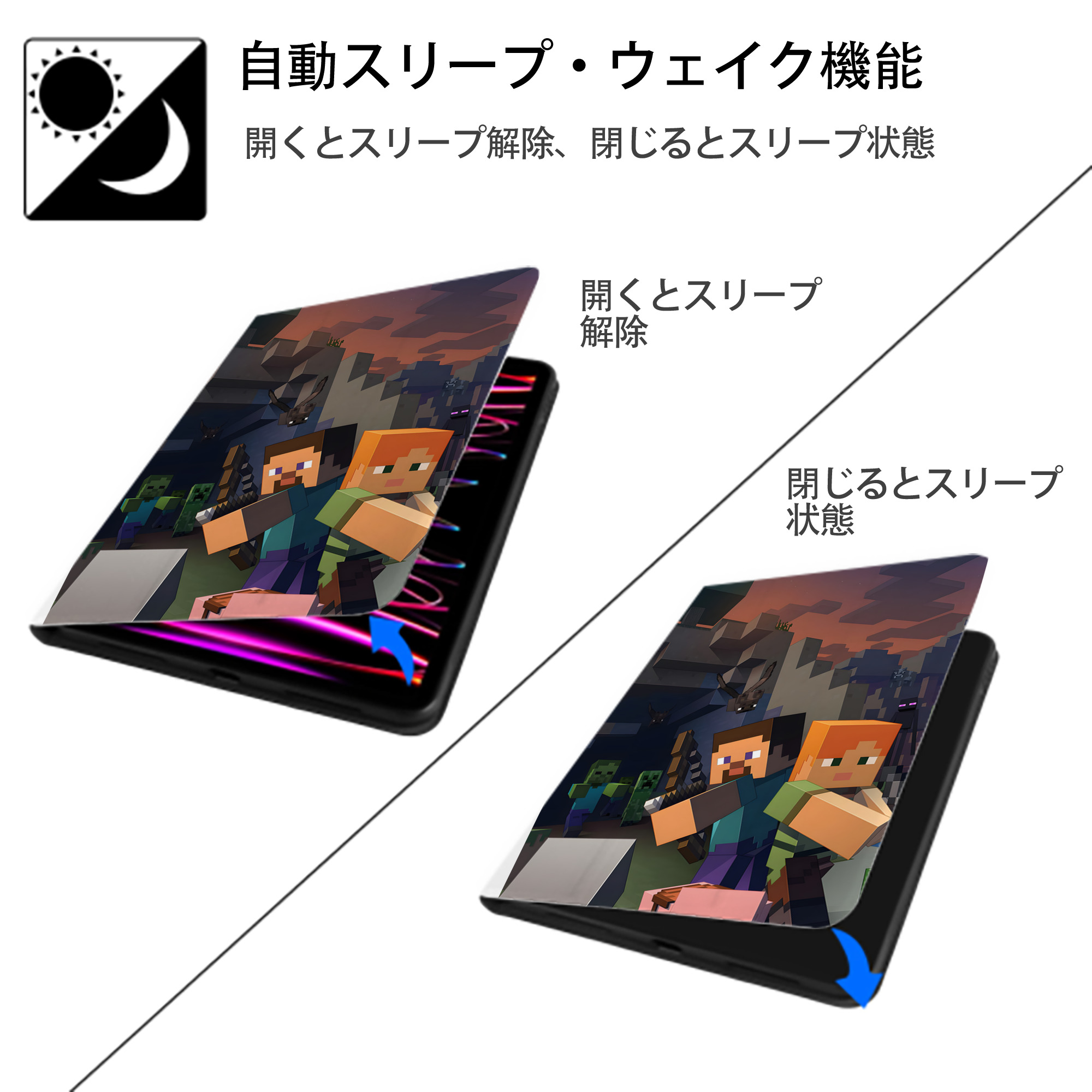 マインクラフト ブロックの世界 Minecraft MC Block world IPad ケース ペン収納付き 三つ折りスタンド PUレザー×シリコン 対応機種9.5/10.5/10.9インチ