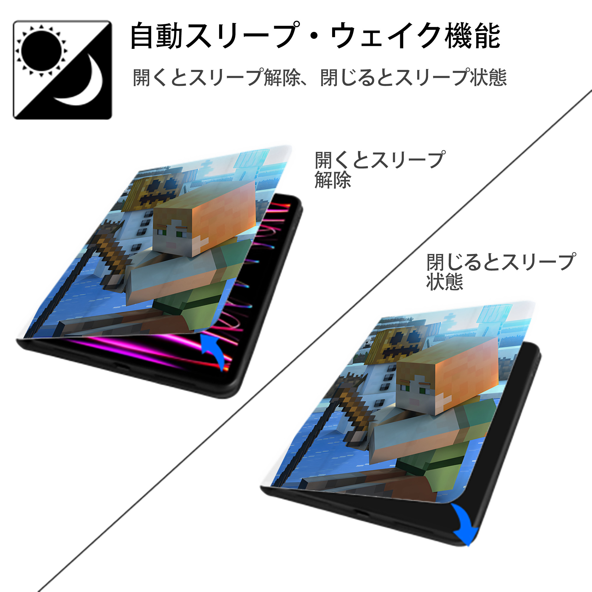 マインクラフト ブロックの世界 Minecraft MC Block world IPad ケース ペン収納付き 三つ折りスタンド PUレザー×シリコン 対応機種9.5/10.5/10.9インチ