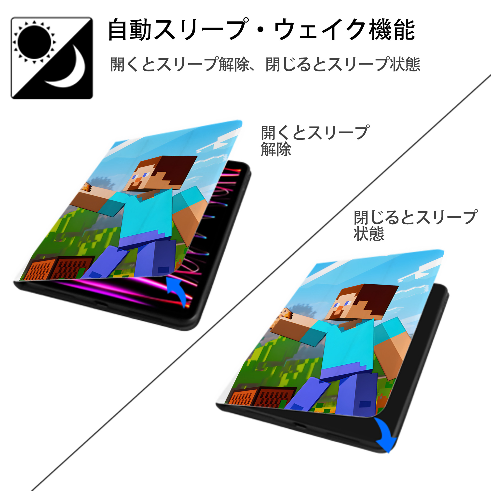 マインクラフト ブロックの世界 Minecraft MC Block world IPad ケース ペン収納付き 三つ折りスタンド PUレザー×シリコン 対応機種9.5/10.5/10.9インチ