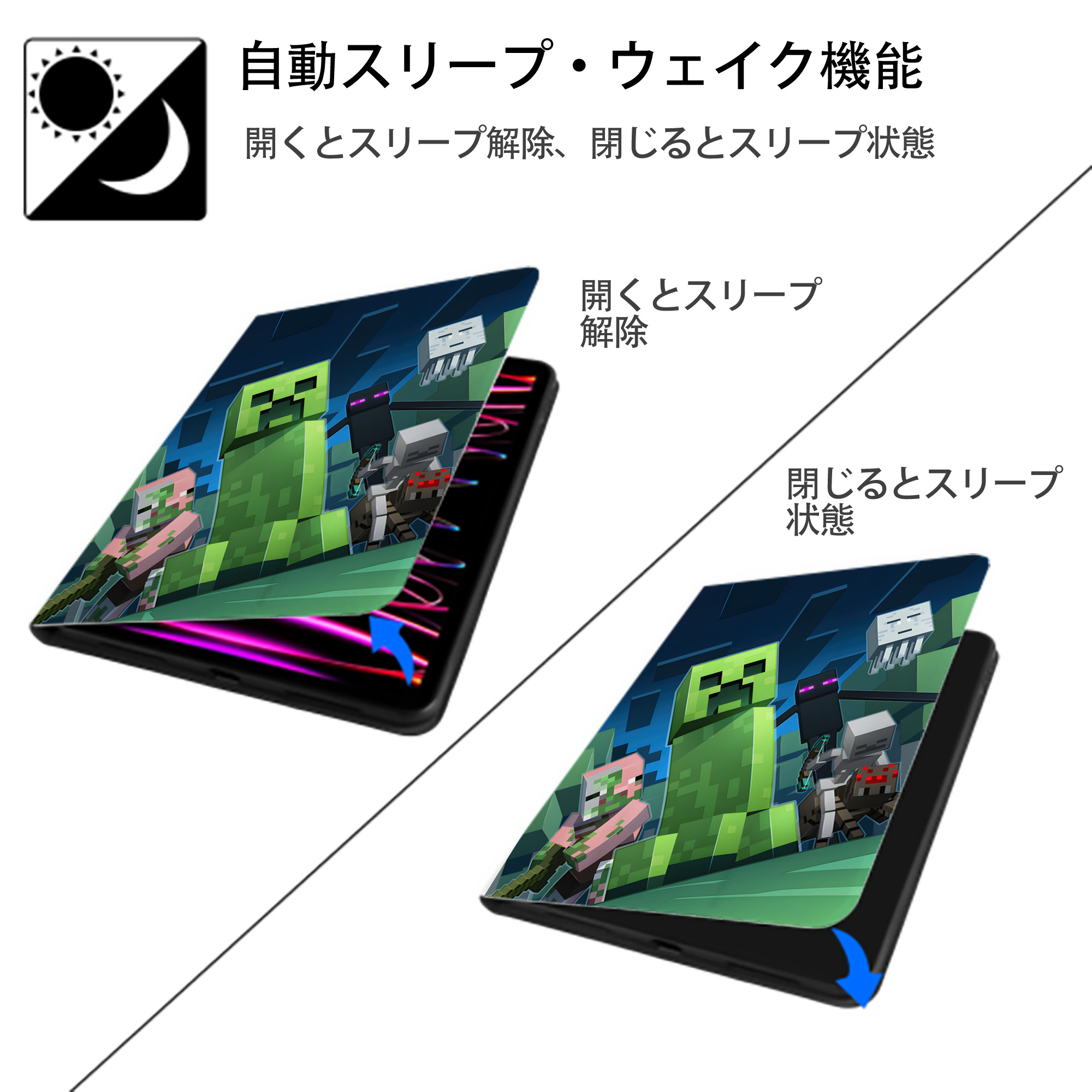 マインクラフト ブロックの世界 Minecraft MC Block world IPad ケース ペン収納付き 三つ折りスタンド PUレザー×シリコン 対応機種9.5/10.5/10.9インチ