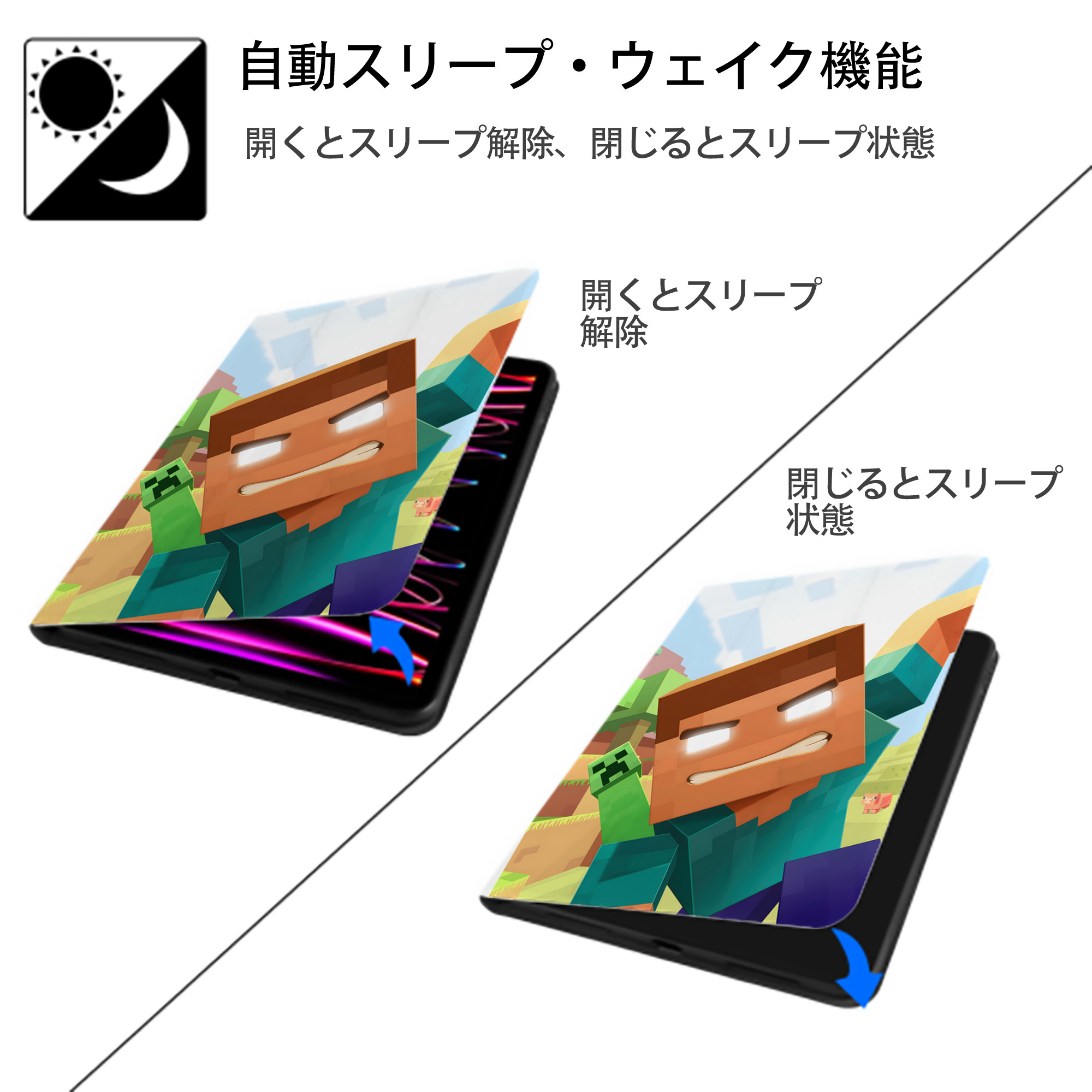 マインクラフト ブロックの世界 Minecraft MC Block world IPad ケース ペン収納付き 三つ折りスタンド PUレザー×シリコン 対応機種9.5/10.5/10.9インチ