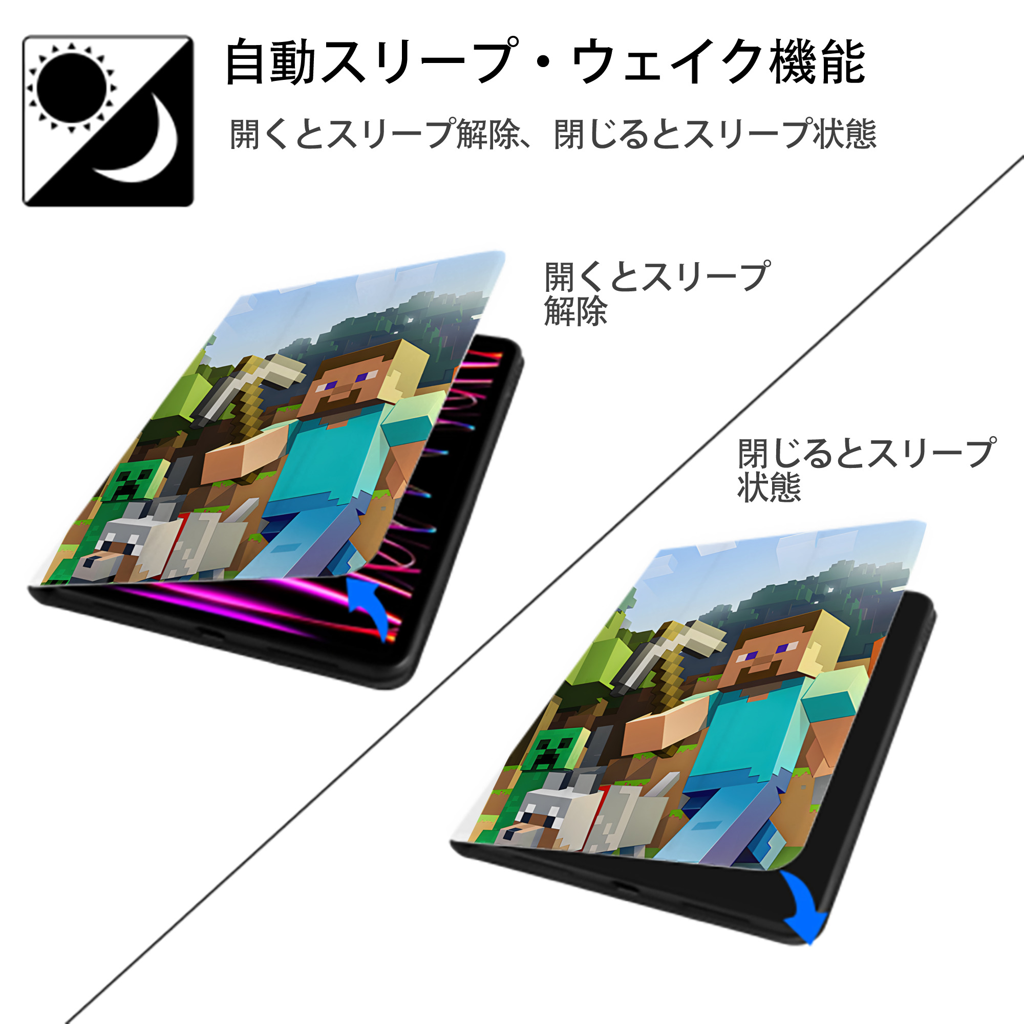 マインクラフト ブロックの世界 Minecraft MC Block world IPad ケース ペン収納付き 三つ折りスタンド PUレザー×シリコン 対応機種9.5/10.5/10.9インチ