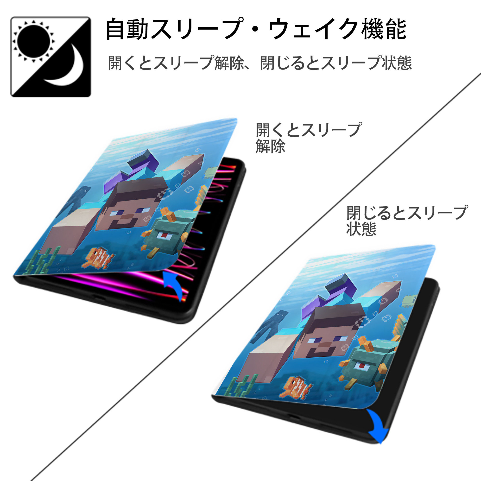 マインクラフト ブロックの世界 Minecraft MC Block world IPad ケース ペン収納付き 三つ折りスタンド PUレザー×シリコン 対応機種9.5/10.5/10.9インチ