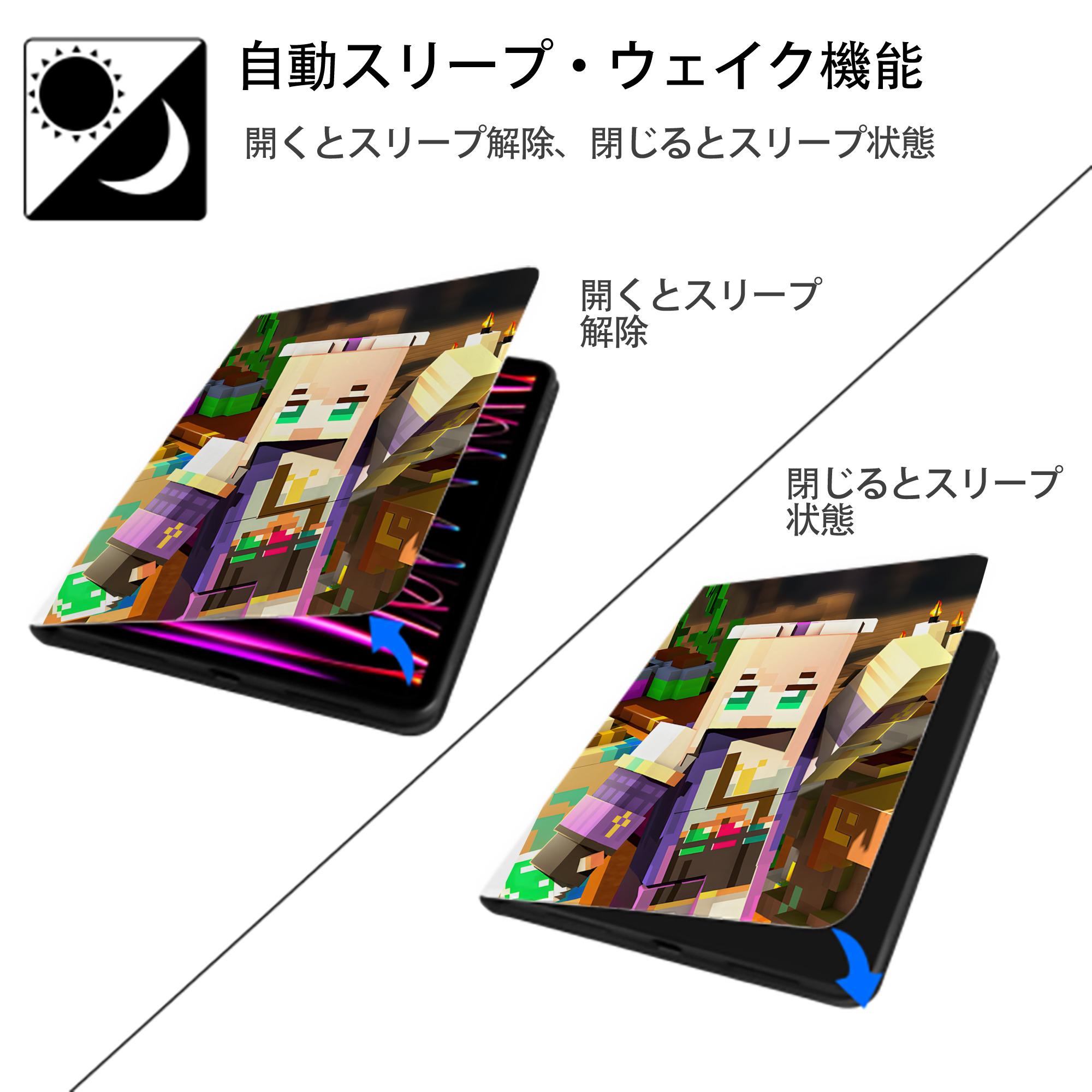 マインクラフト ブロックの世界 Minecraft MC Block world IPad ケース ペン収納付き 三つ折りスタンド PUレザー×シリコン 対応機種9.5/10.5/10.9インチ