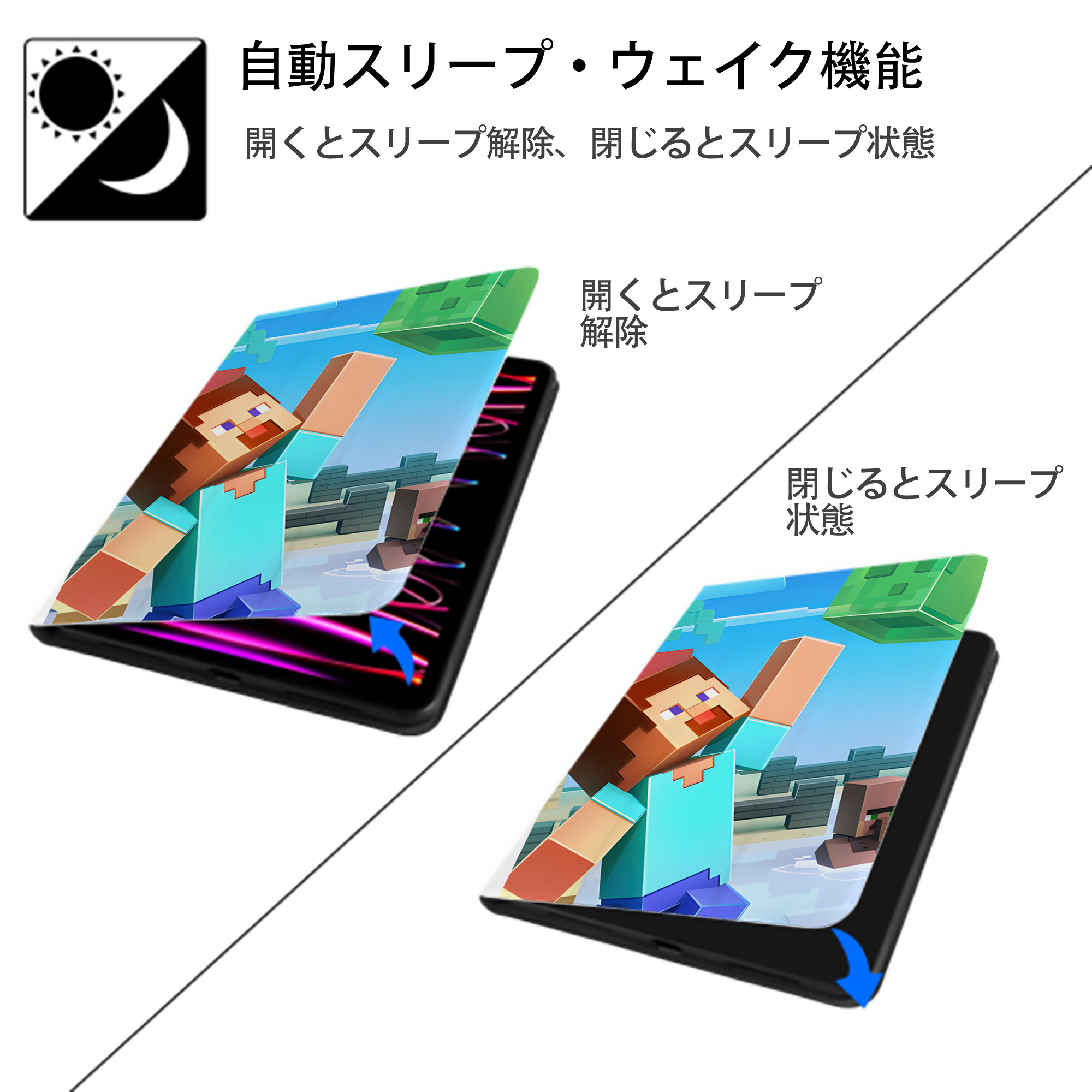 マインクラフト ブロックの世界 Minecraft MC Block world IPad ケース ペン収納付き 三つ折りスタンド PUレザー×シリコン 対応機種9.5/10.5/10.9インチ